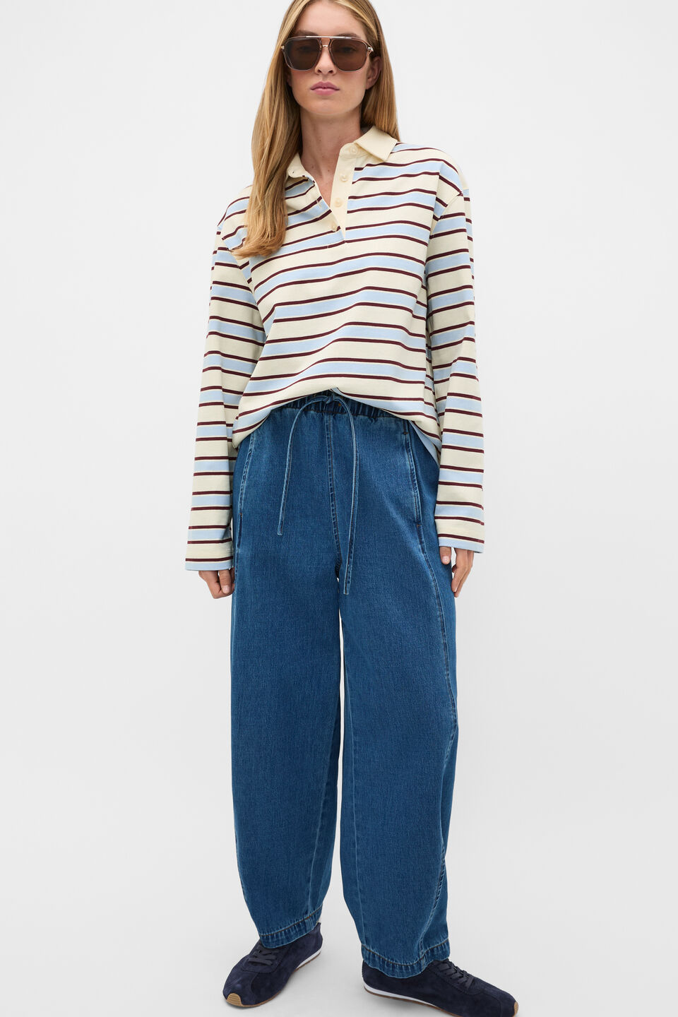 Relaxed Cotton Rugby Polo Top  Arctic Blue Stripe