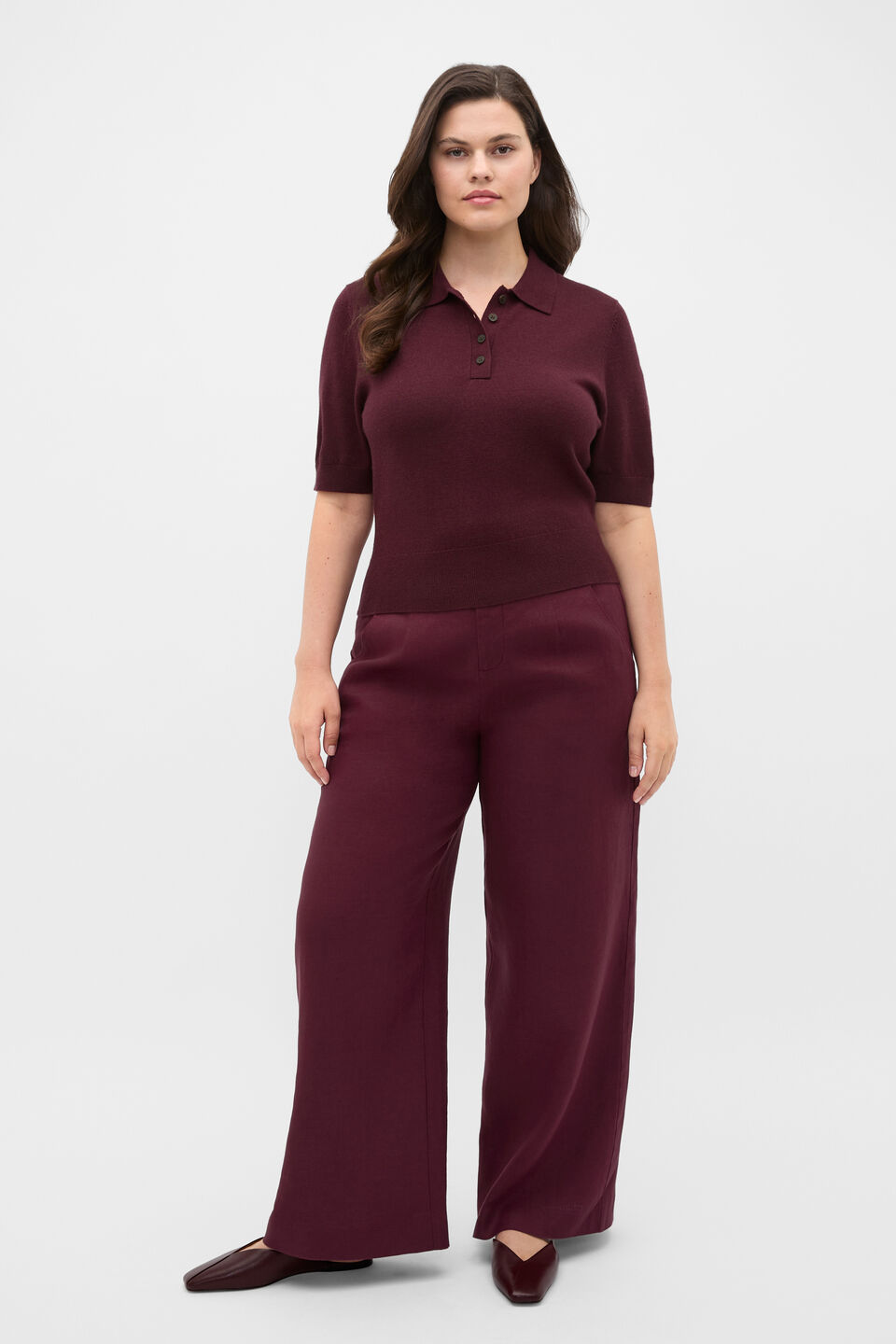 Australian Merino Knit Polo Top  Plum Red