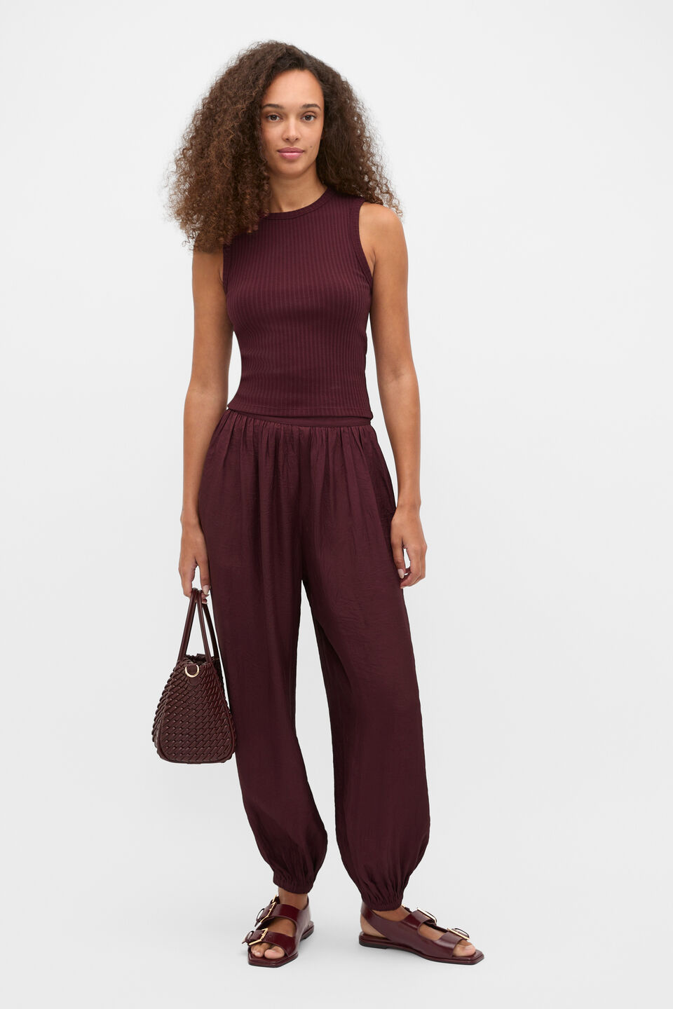 Textured Satin Harem Pant  Plum Red