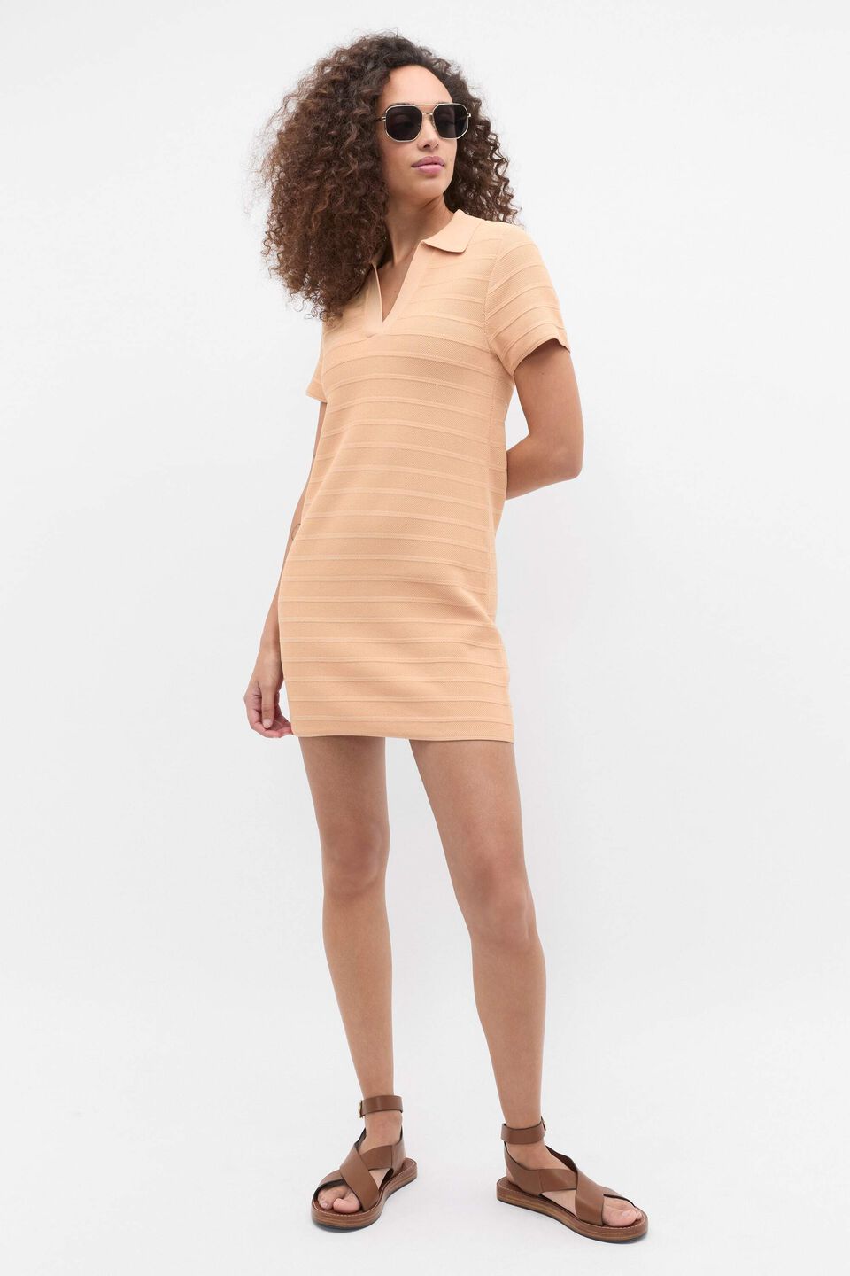 Textured Knit Polo Dress  Apricot