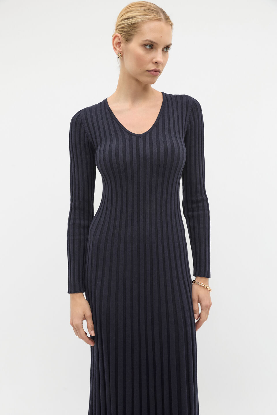 Pleated V Neck Knit Dress  Twilight Blue