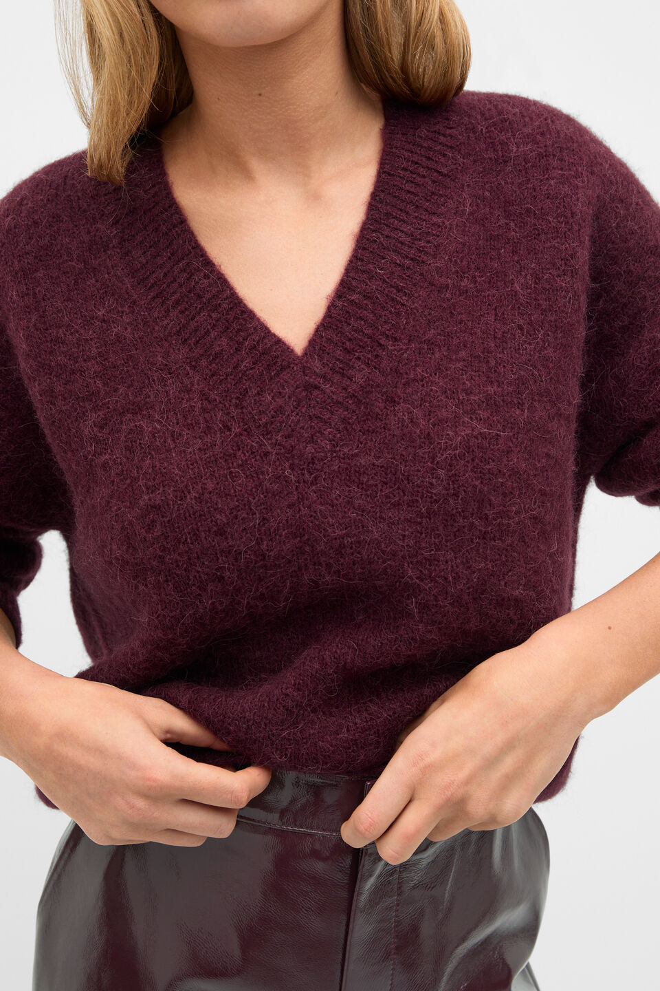  Lofty V Neck Slouch Knit  Plum Red