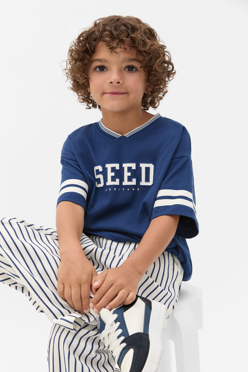 Sports Stripe Logo Tee  French Navy