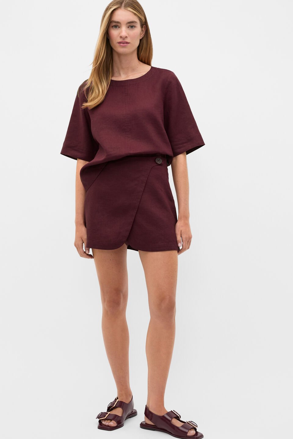 Linen Wrap Skort  Plum Red