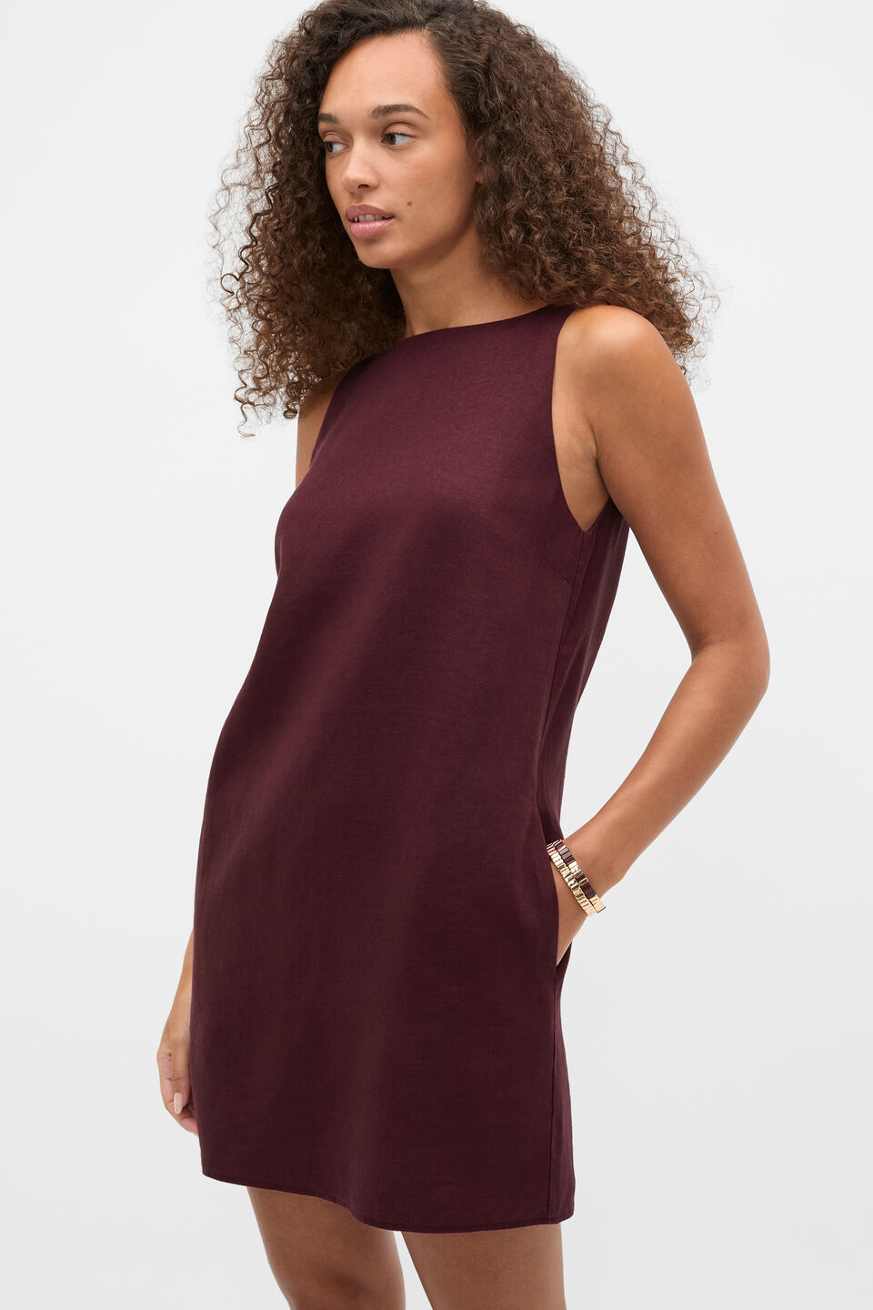 Linen Boat Neck Mini Dress  Plum Red