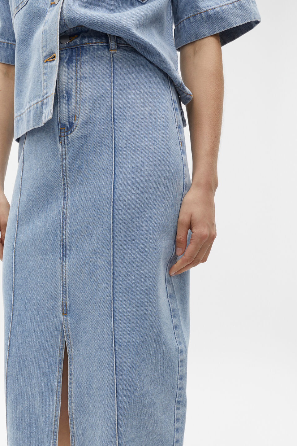 Denim Midi Pintuck Skirt  Vintage Wash