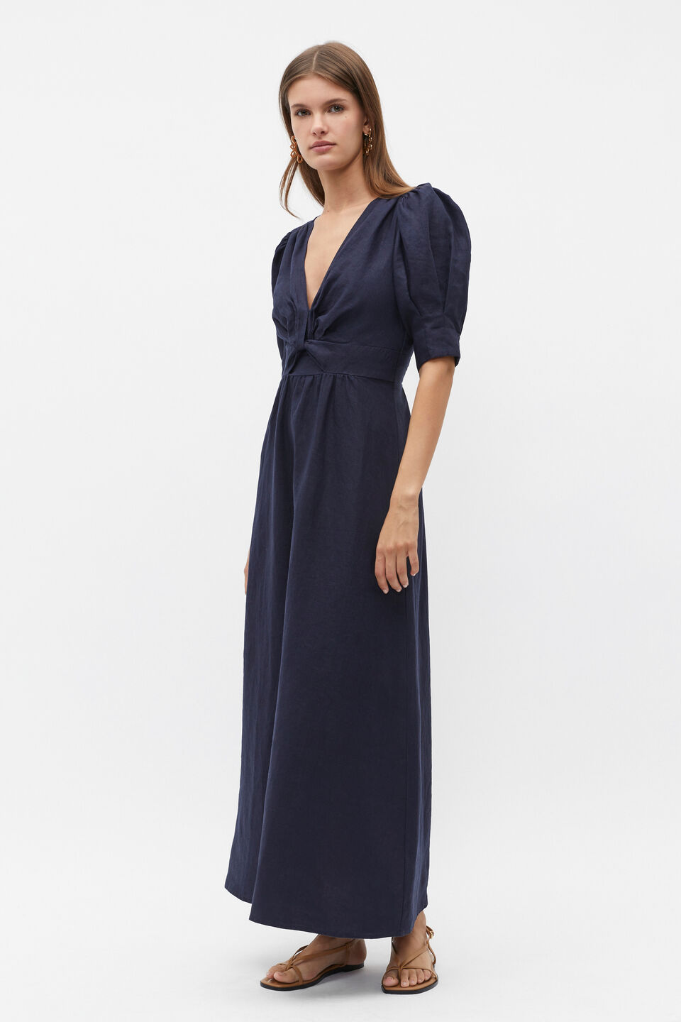 Linen Twist Front Midi Dress  Midnight Sky