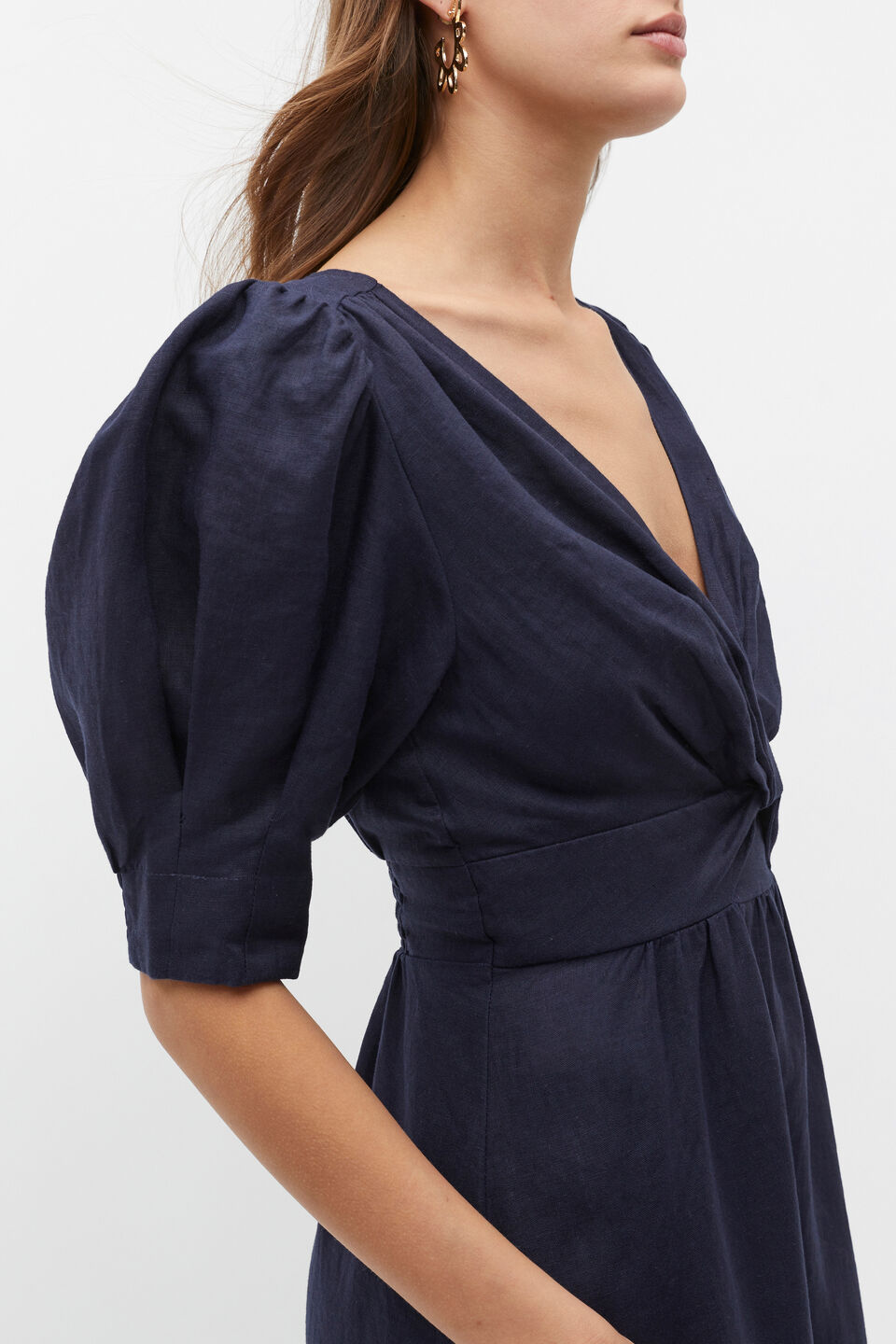 Linen Twist Front Midi Dress  Midnight Sky