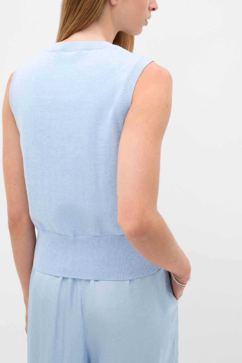 Cotton Blend Button Knit Vest  Arctic Blue Marle