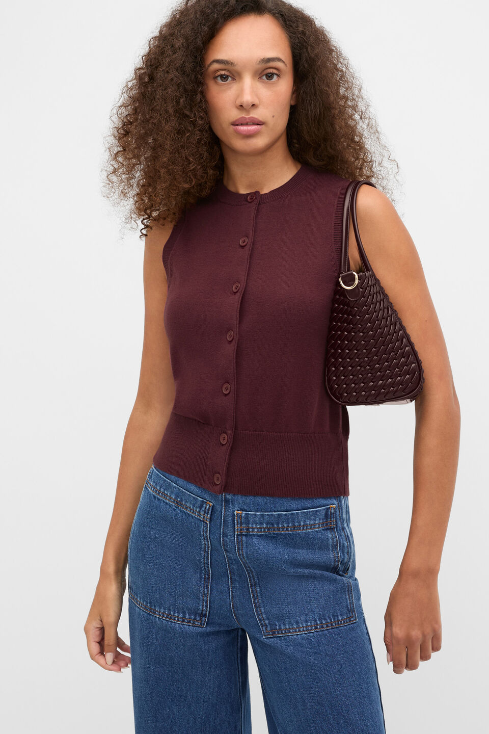 Cotton Blend Button Knit Vest  Plum Red