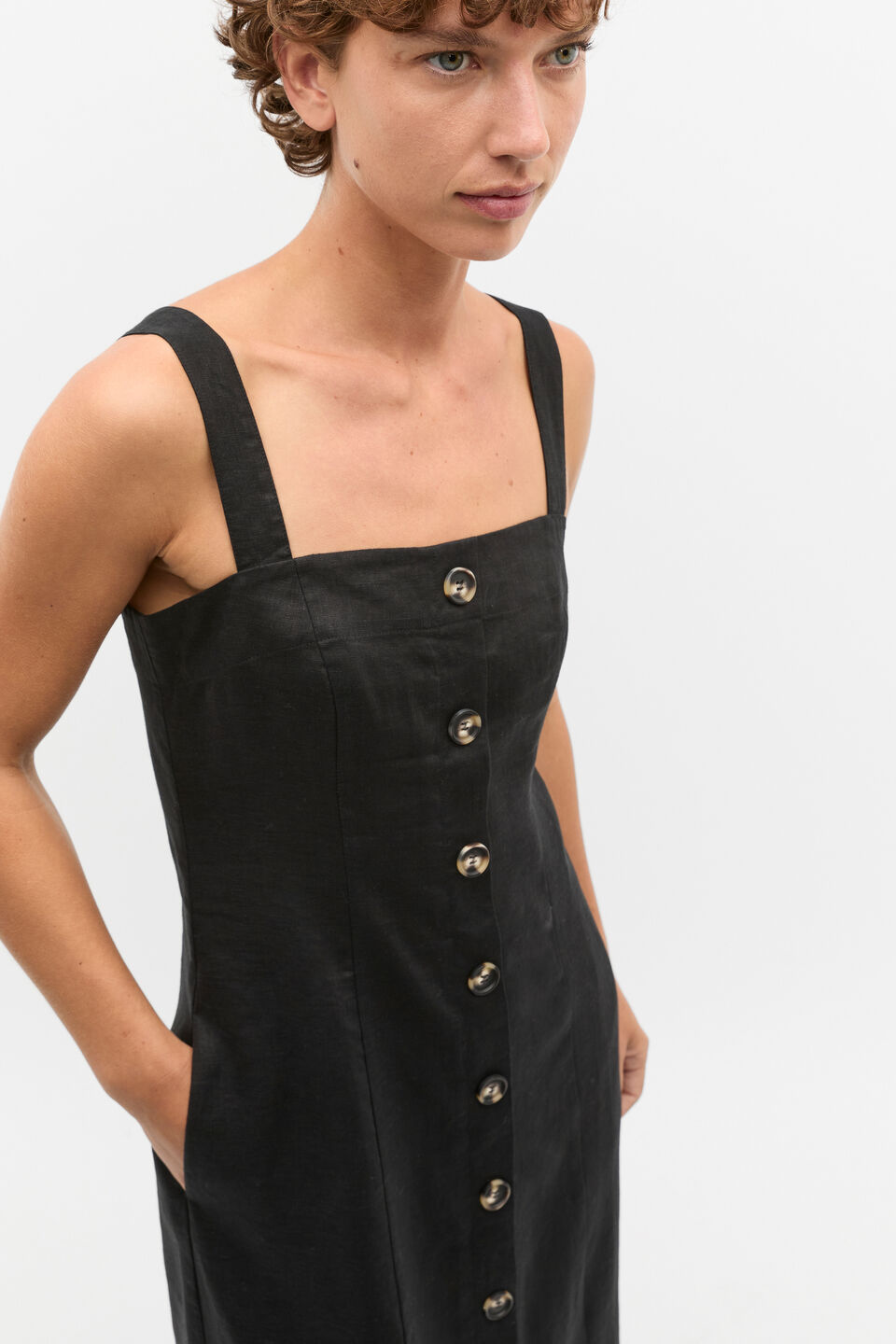 Linen Square Neck Button Midi Dress  Black