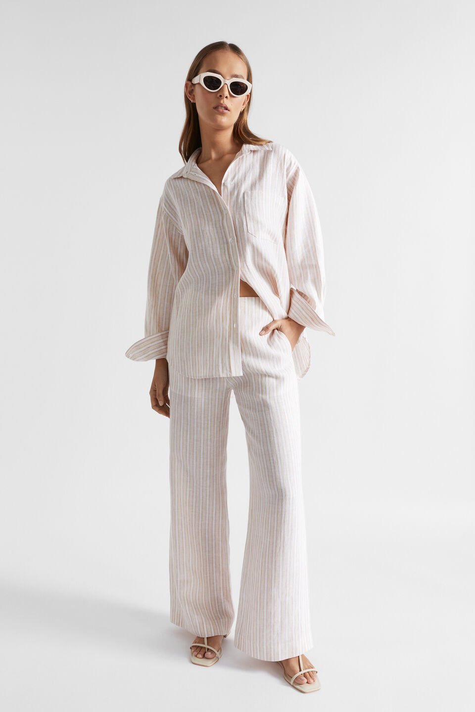 Core Linen Boyfriend Shirt  Soft Wheat Stripe