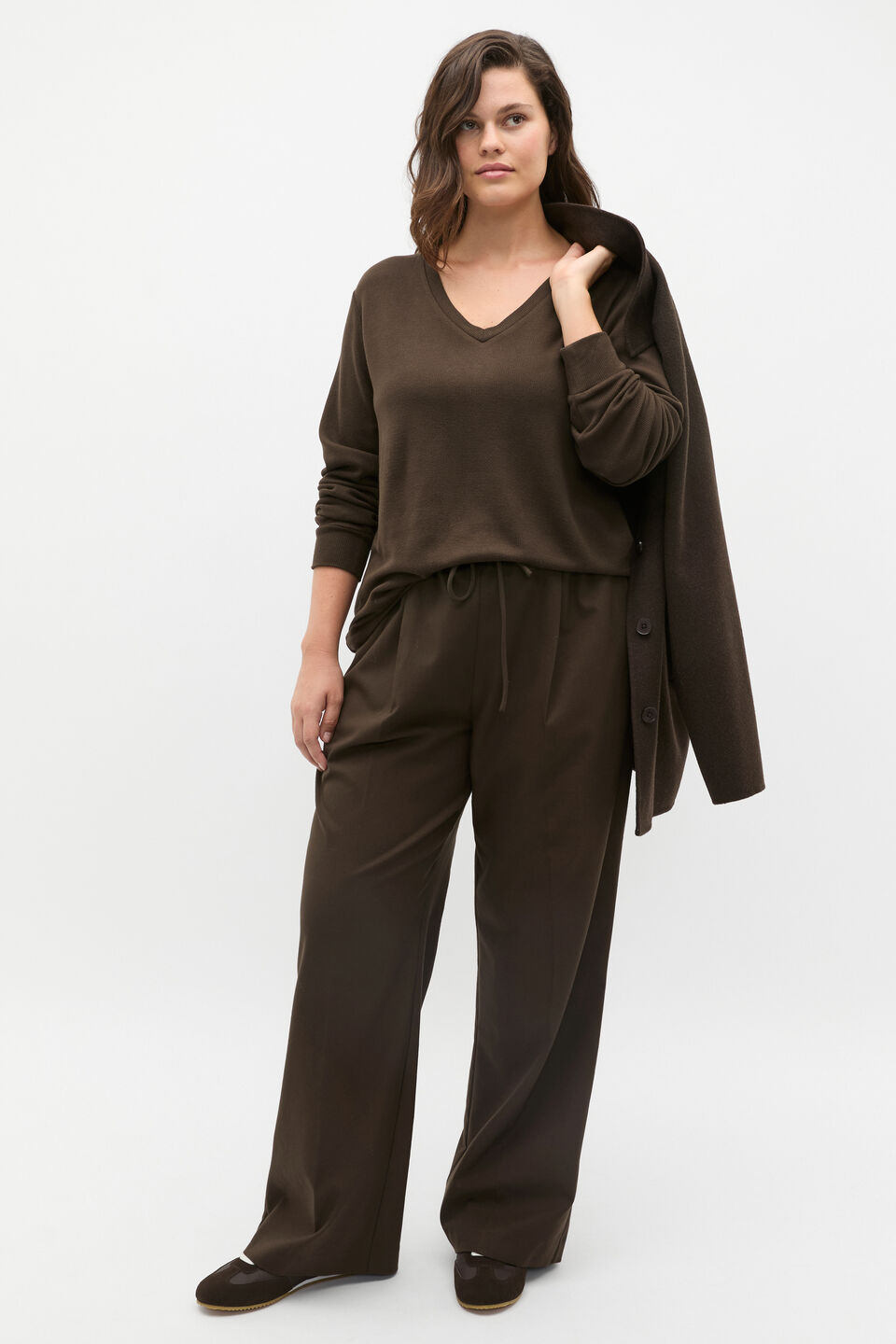 Supersoft Waffle V Neck Top  Dark Espresso