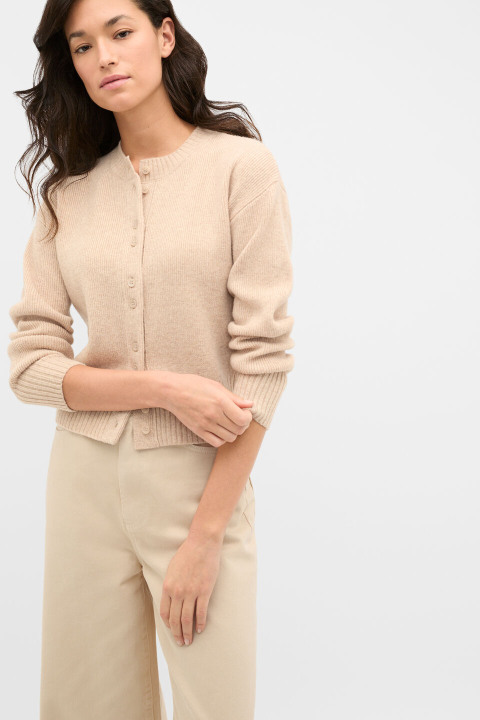 Merino Button Up Knit Cardigan  Sandstone Marle
