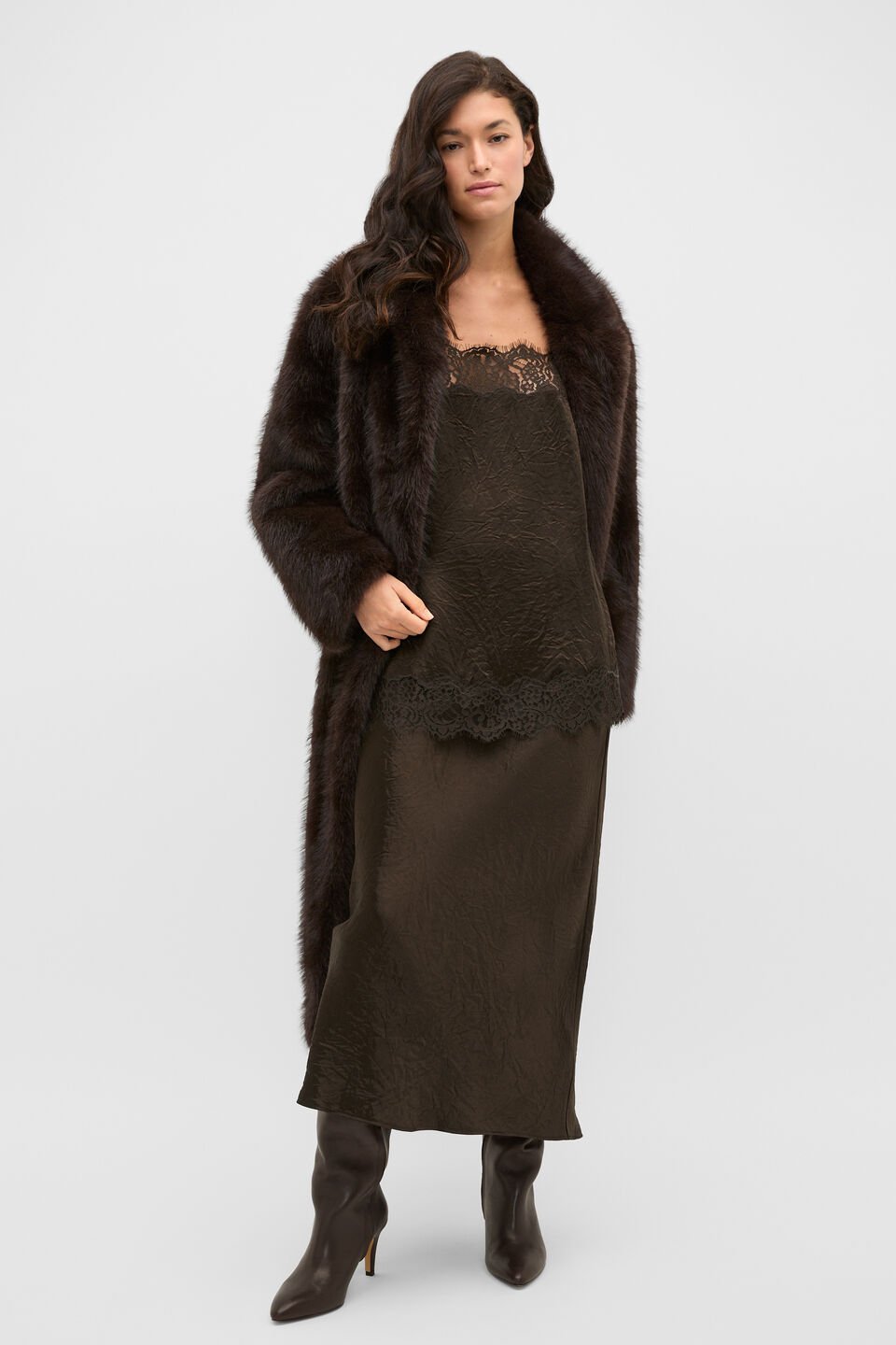 Crinkled Satin Lace Square Neck Cami  Coffee Bean