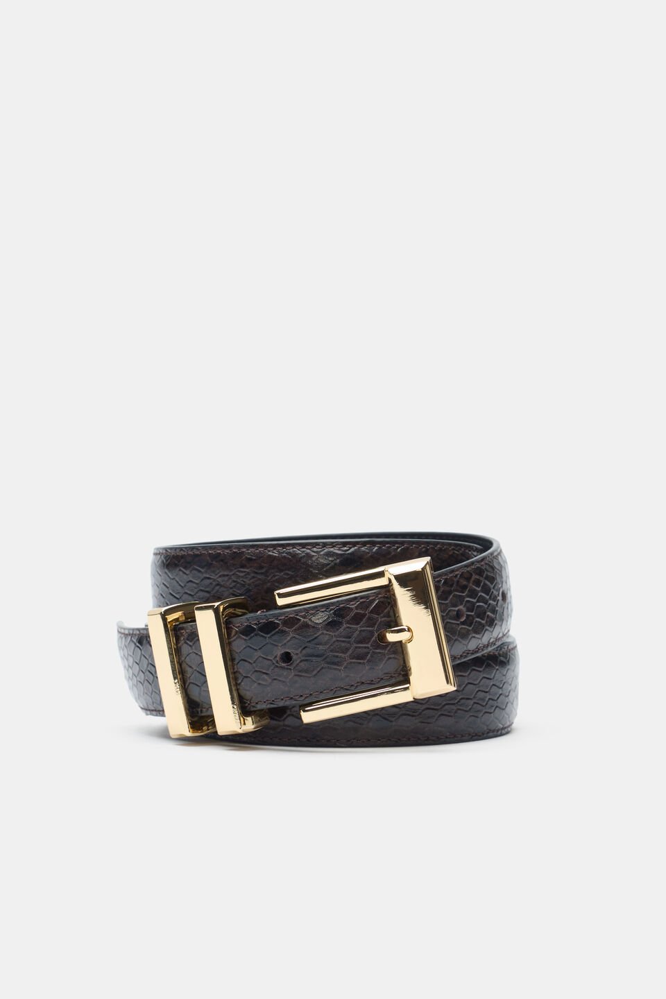 Elle Square Buckle Belt  Coffee Bean Snake Print