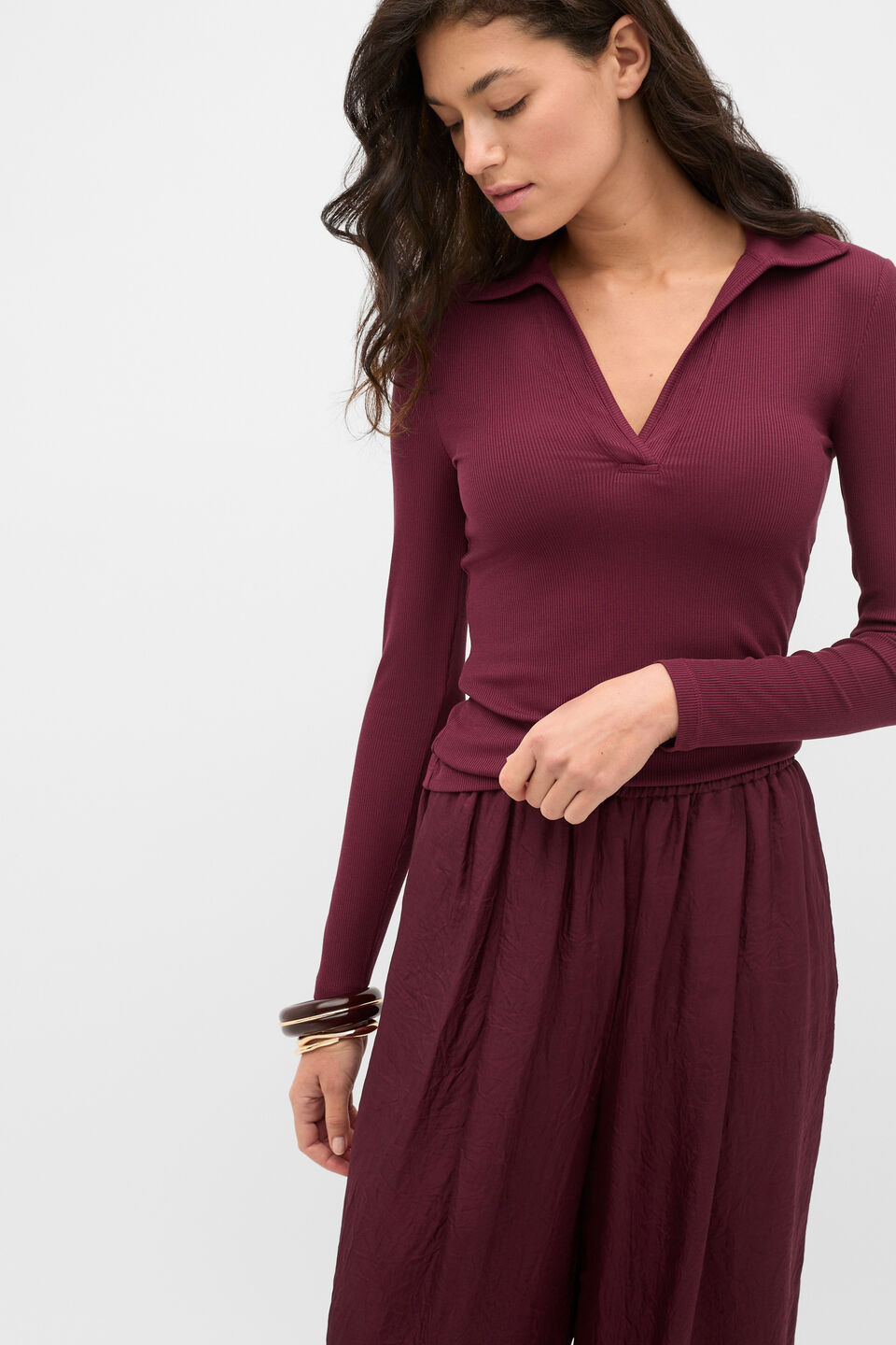 Core Rib Collared Top  Plum Red