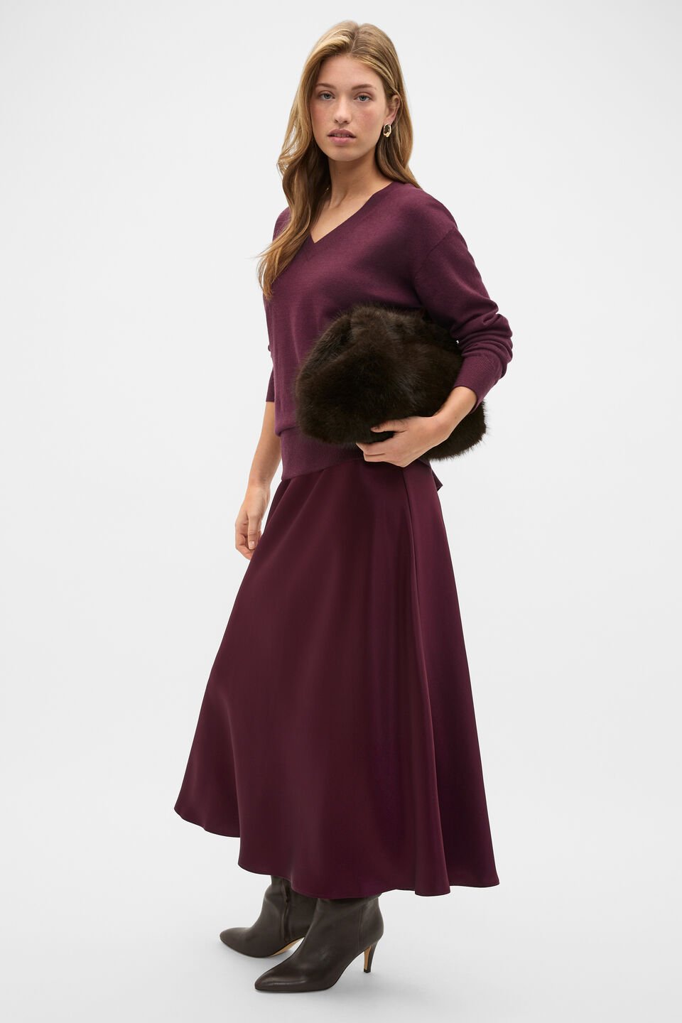 Australian Merino V Neck Knit  Plum Red