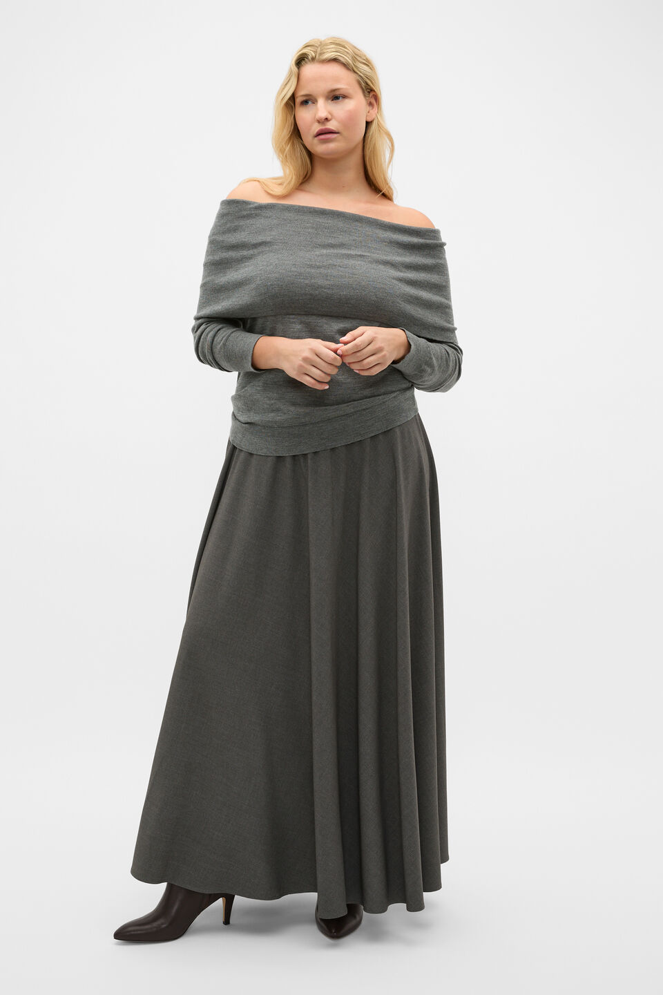 Off Shoulder Ruched Knit  Charcoal Grey Marle