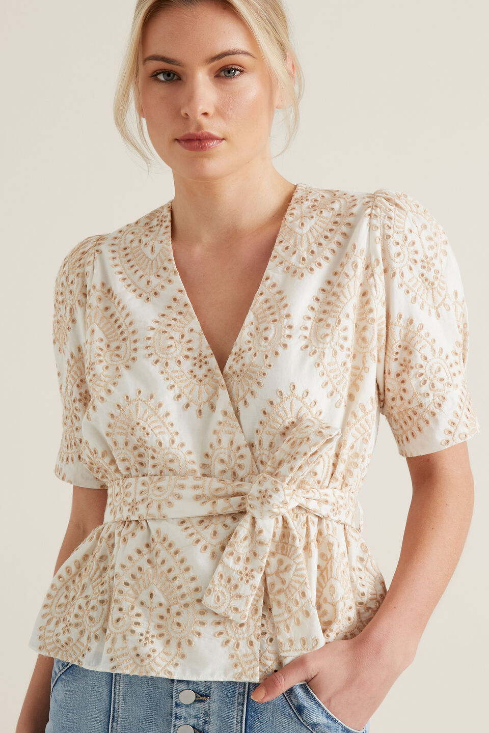 Two Tone Broderie Wrap Top  