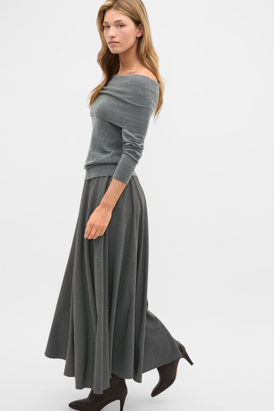 Off Shoulder Ruched Knit  Charcoal Grey Marle