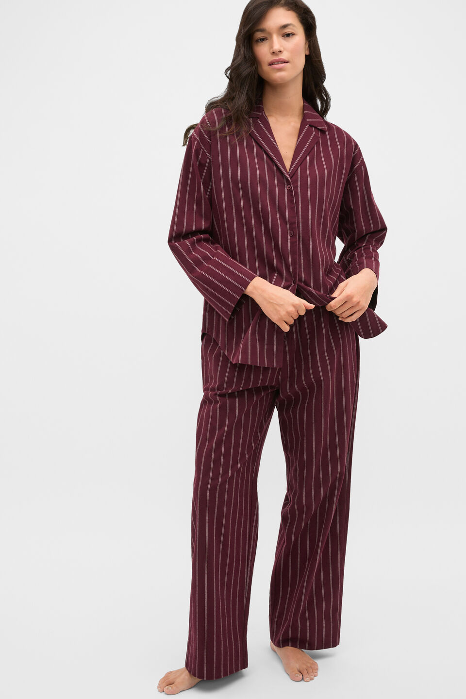 Flannelette Shirt and Pant PJ Set  Plum Red Stripe