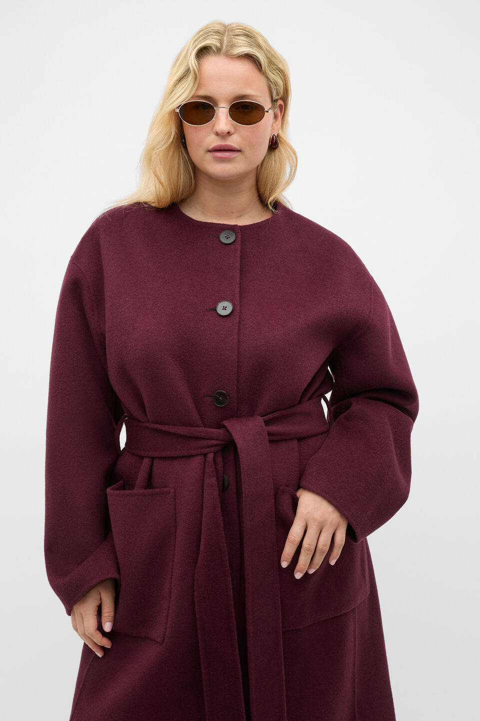 Wool Blend Collarless Coat  Plum Red