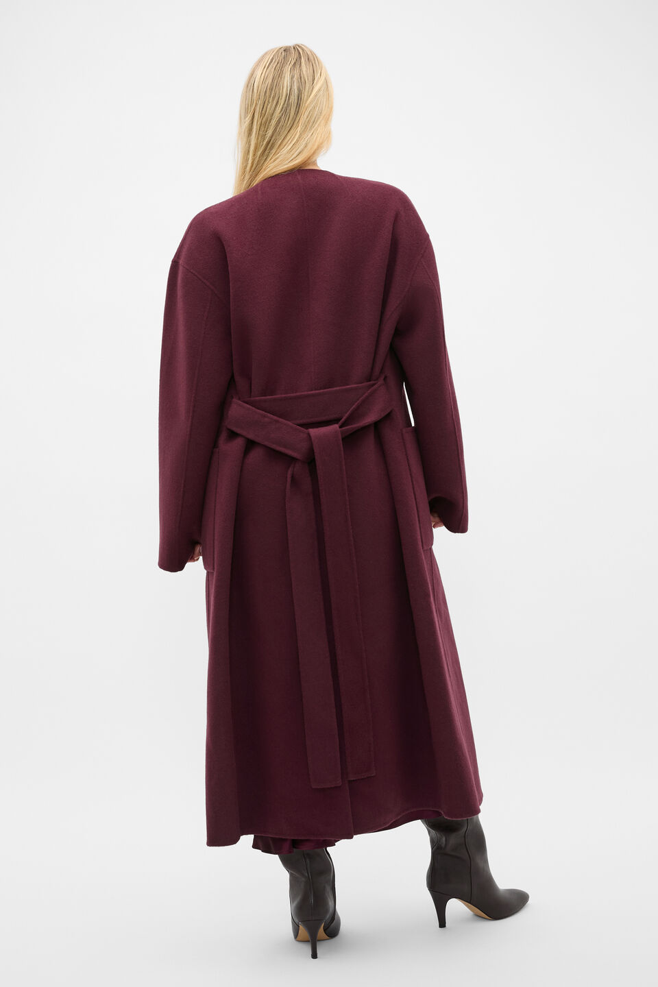 Wool Blend Collarless Coat  Plum Red