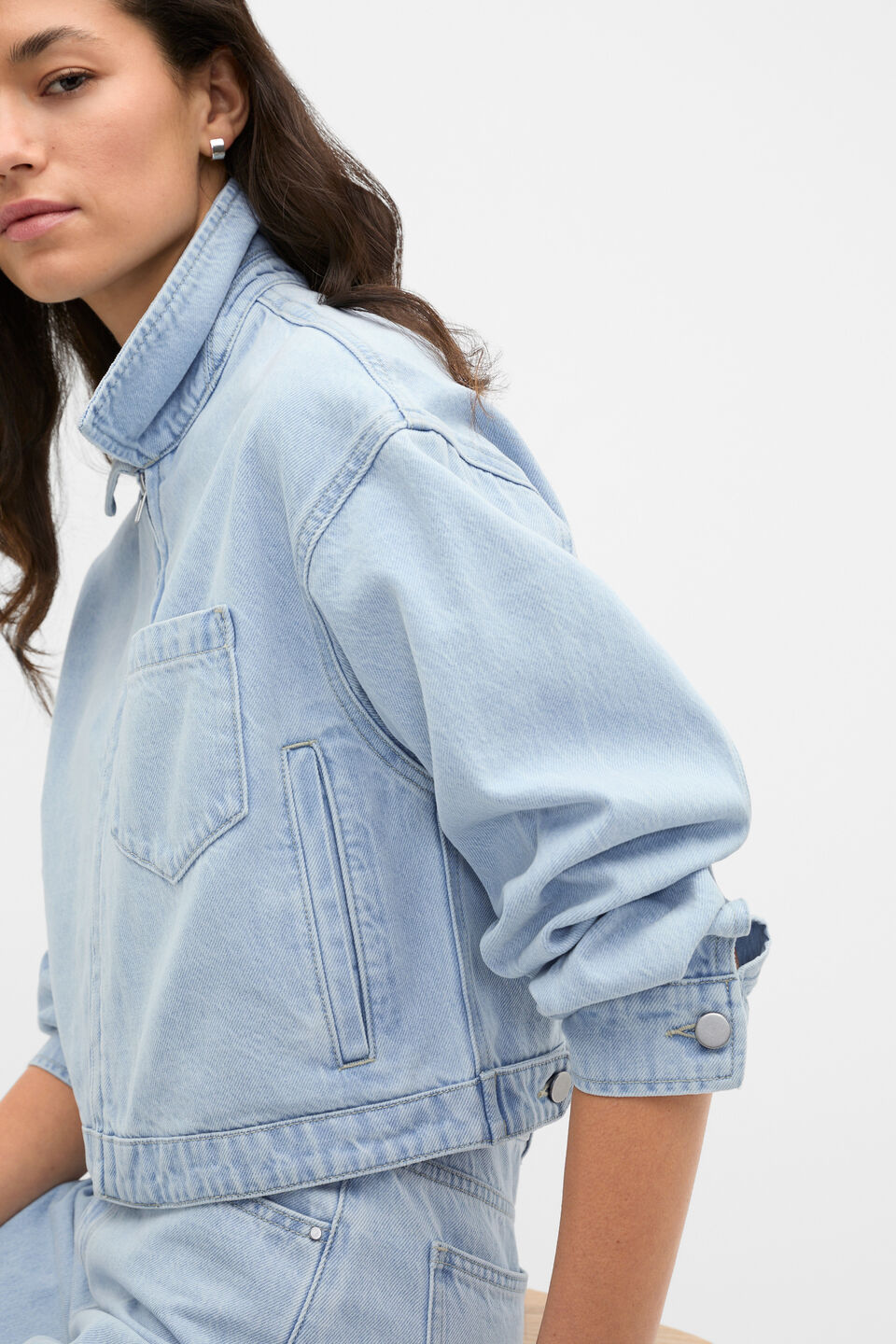 Cropped Zip Front Denim Jacket  Ice Blue Denim