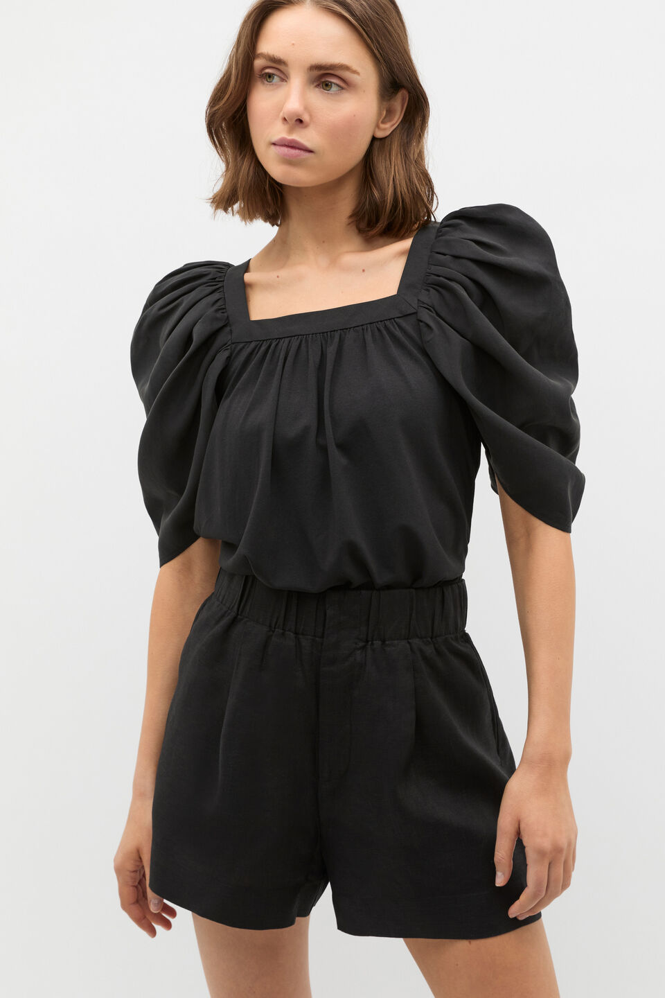 Square Neck Gathered Sleeve Top  Black