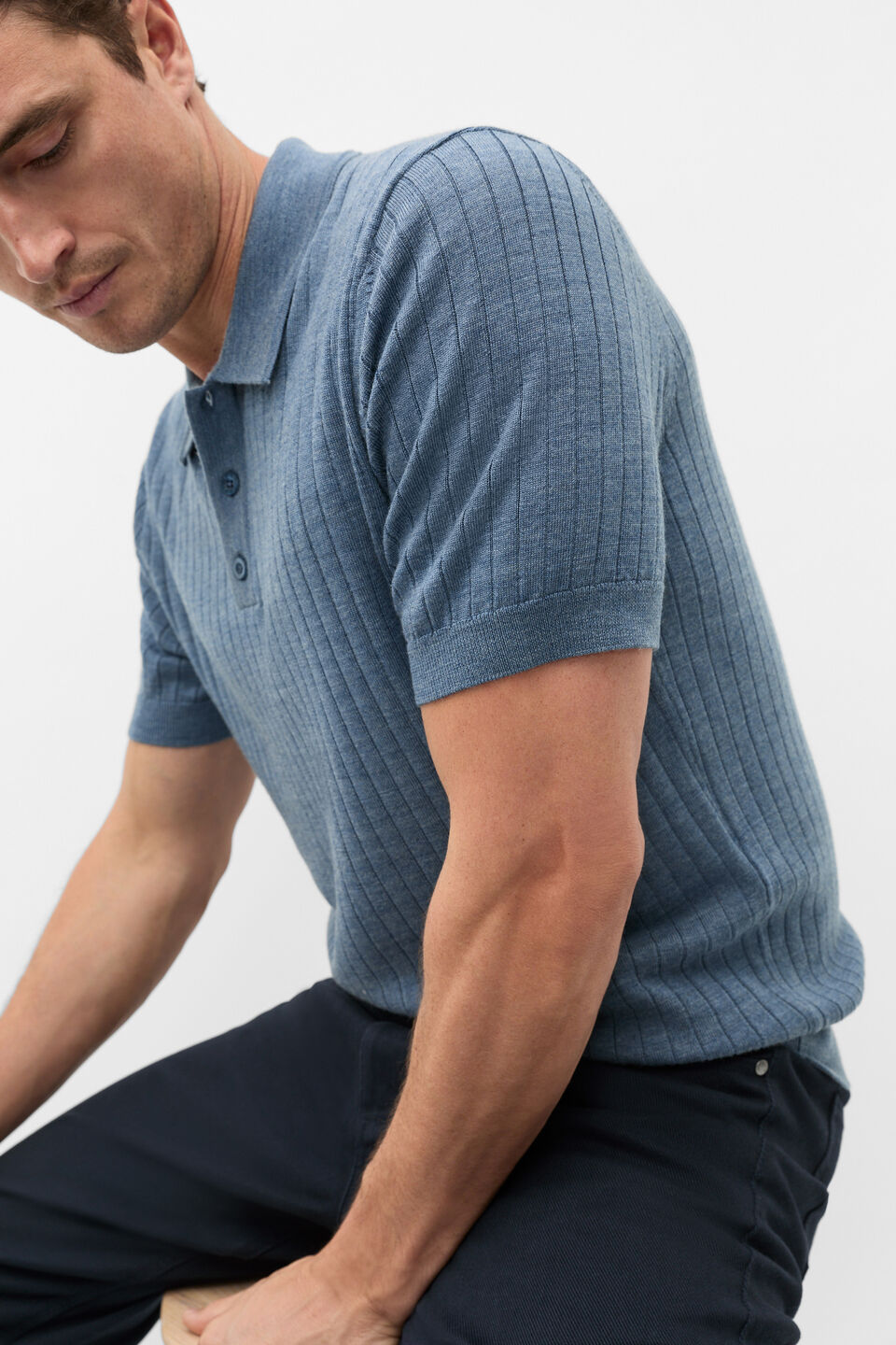Short Sleeve Merino Knit Polo  Storm Blue