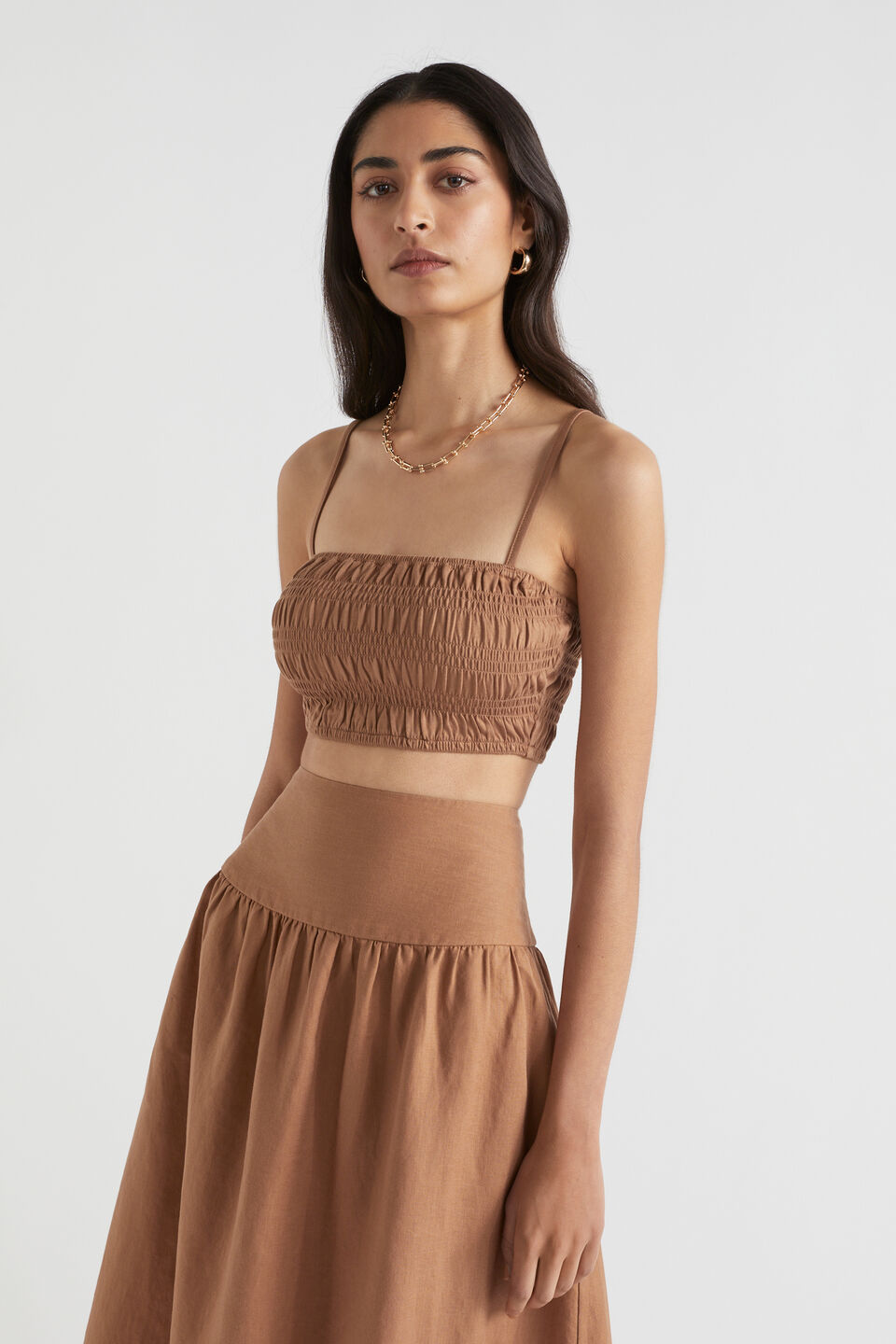 Shirred Detail Crop  Auburn Brown