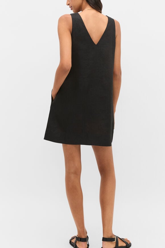 Linen V Neck Mini Dress  Black  hi-res