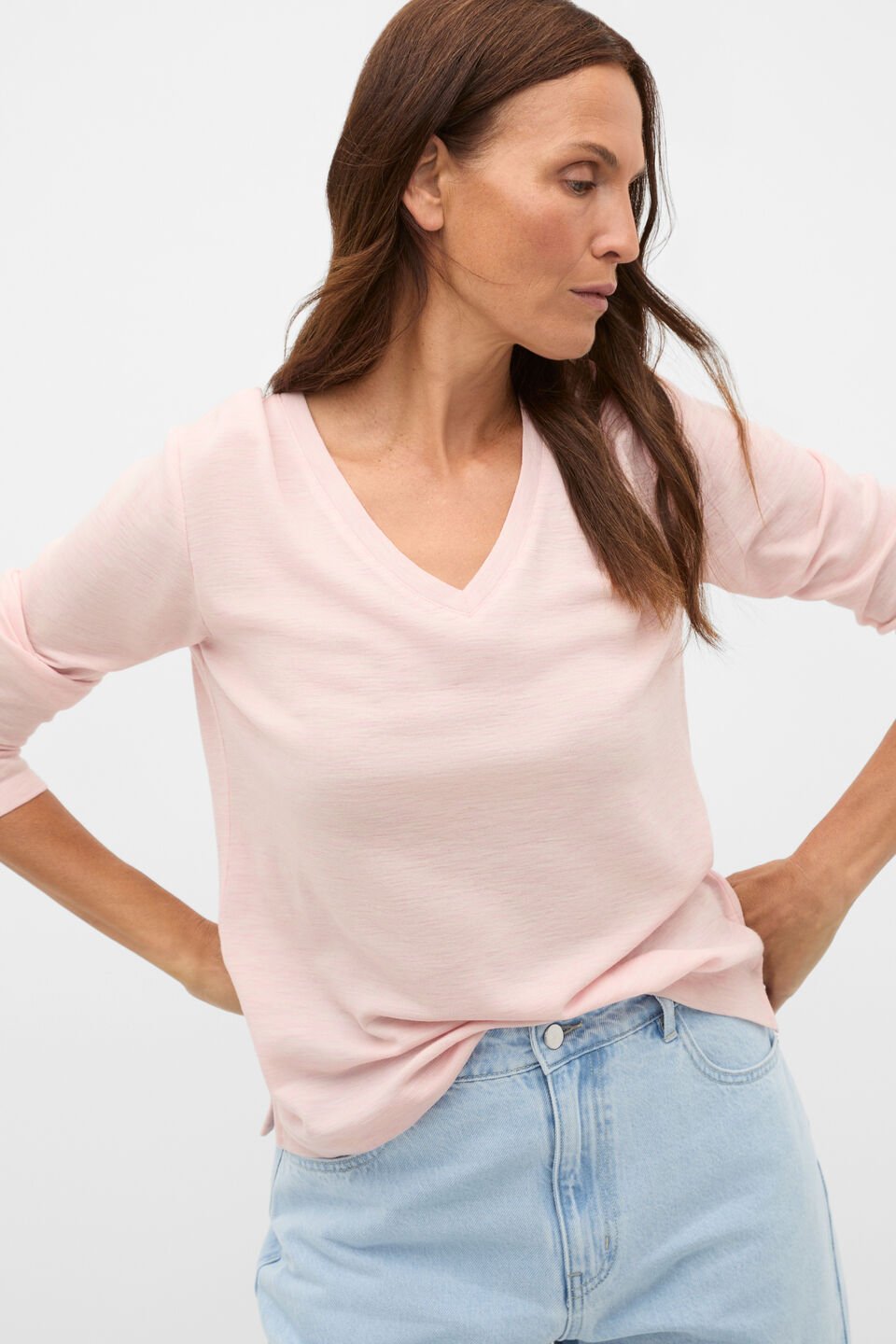 Australian Merino V Neck Top  Pale Blossom Marle