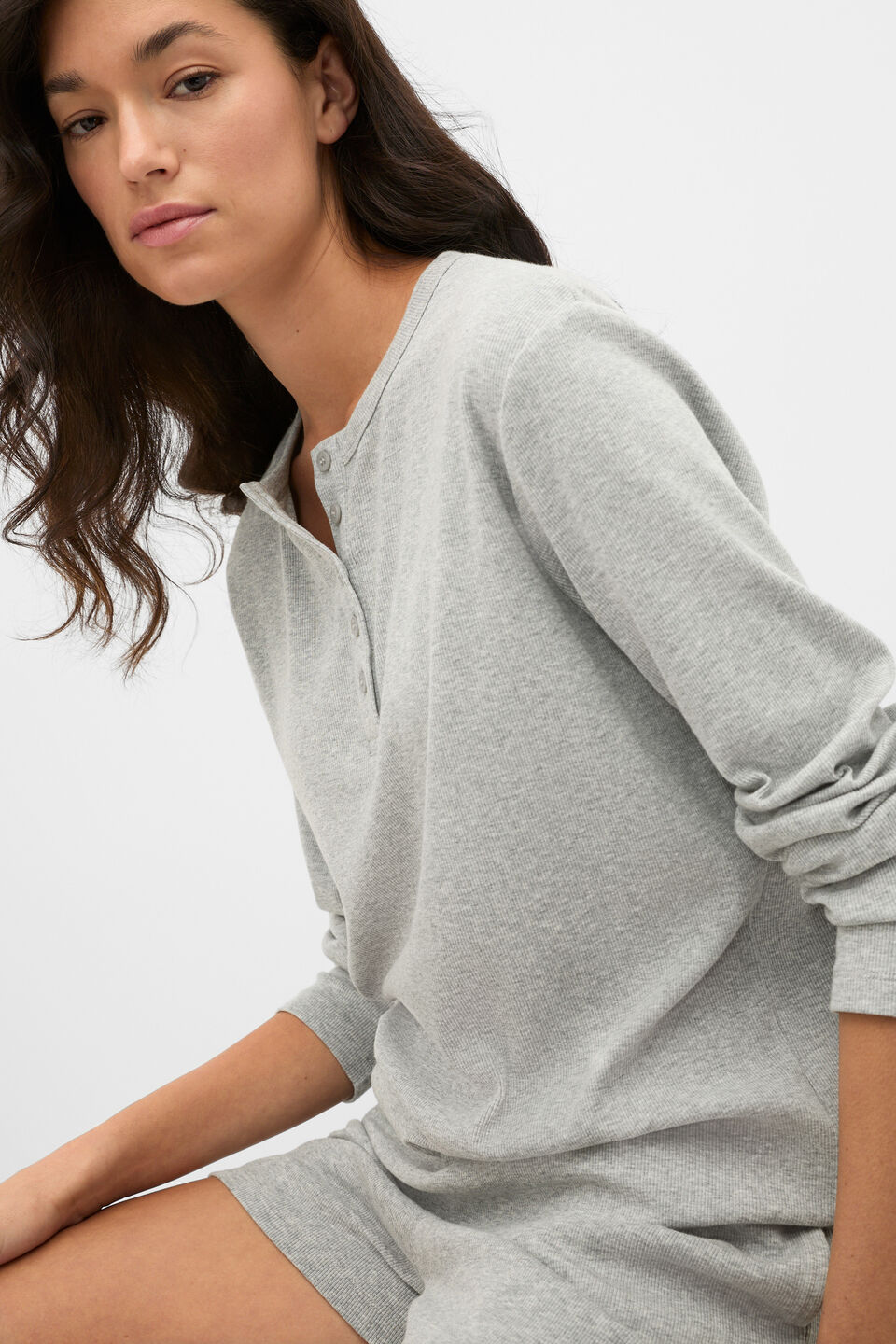 Ribbed Long Sleeve Henley and Short PJ Set  Pale Slate Marle