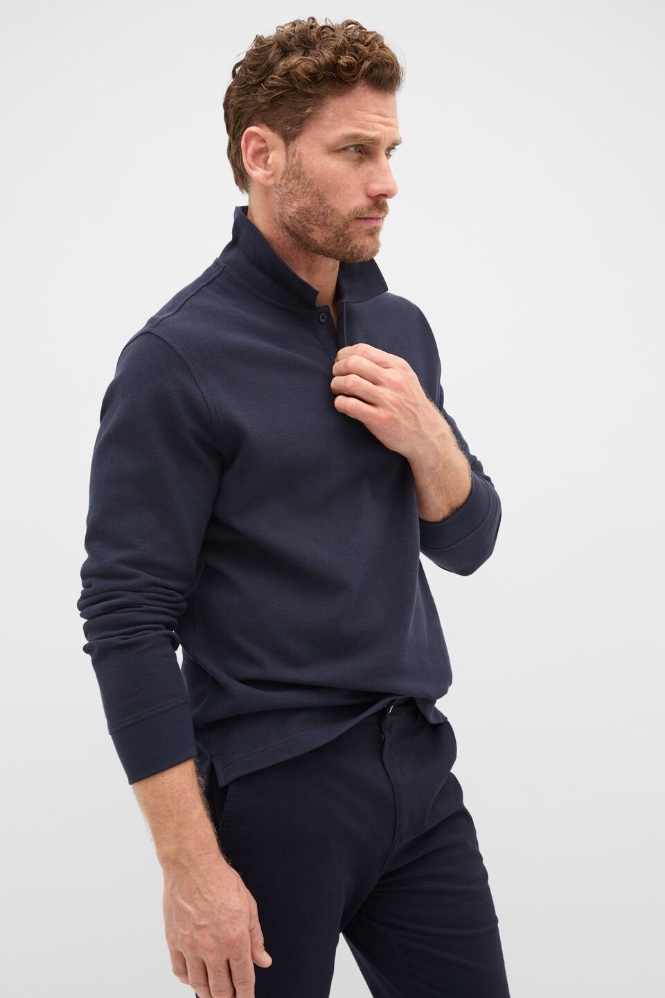Long Sleeve Pique Polo  Midnight Blue