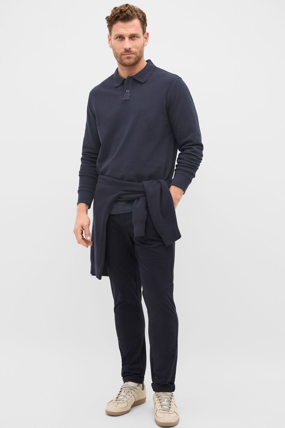 Long Sleeve Pique Polo  Midnight Blue