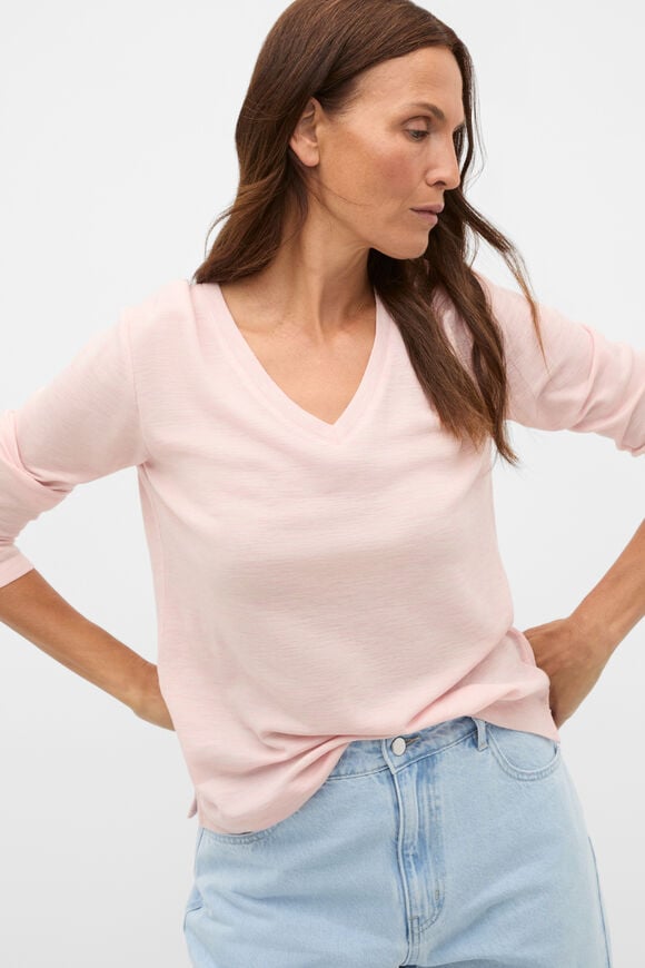 Australian Merino V Neck Top  Pale Blossom Marle  hi-res