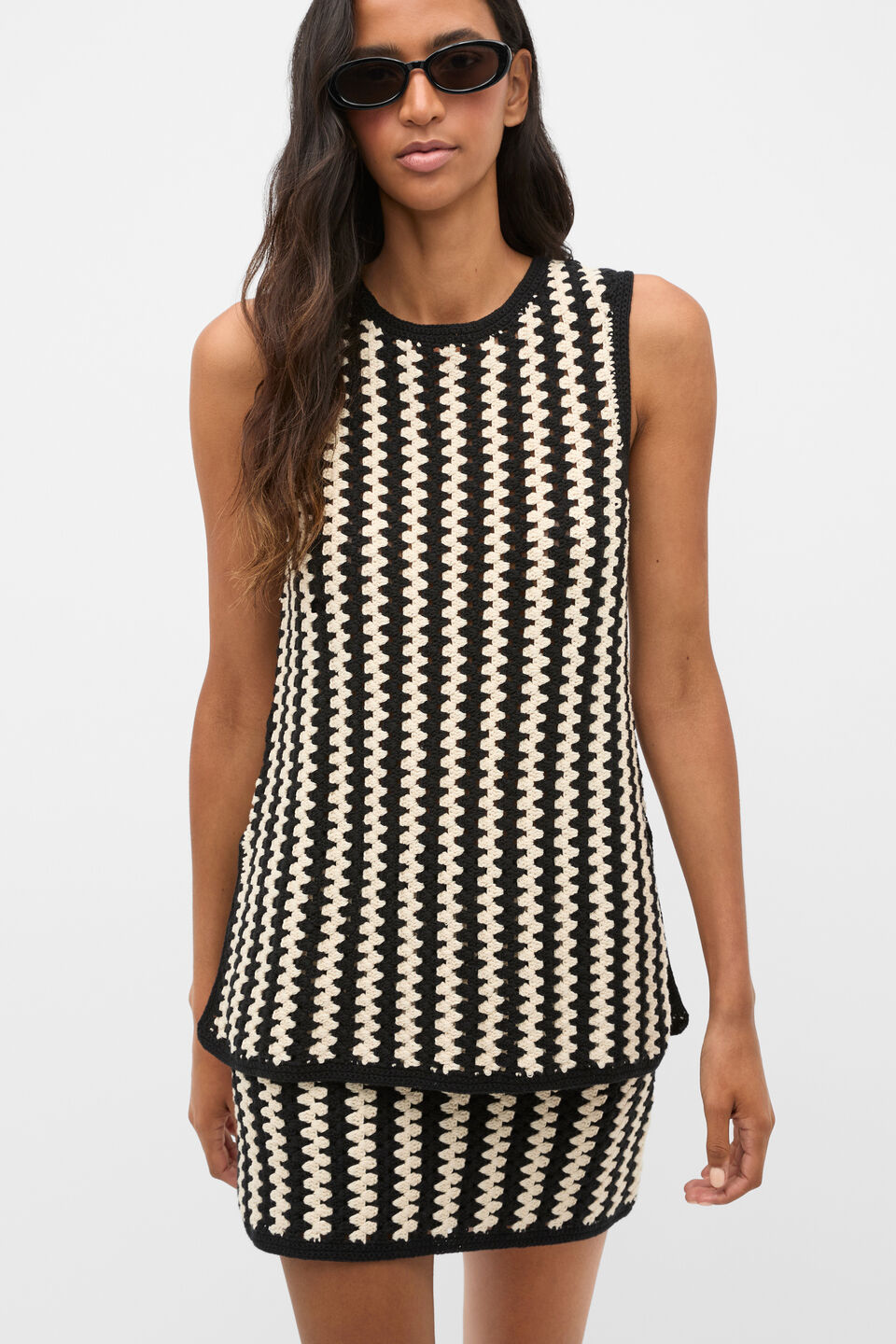 Linear Crochet Tunic Top  Cream Black