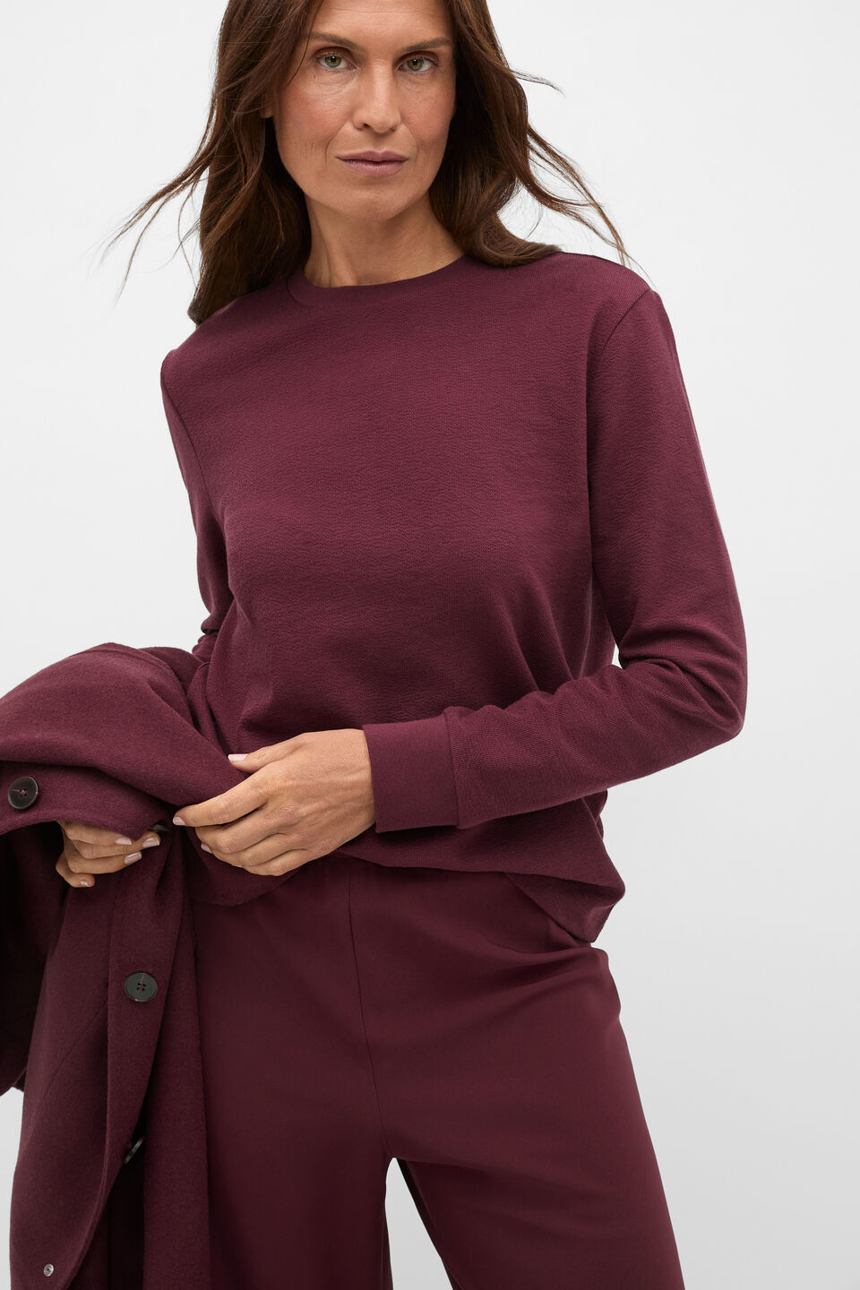 Textured Long Sleeve Relaxed Top  Plum Red
