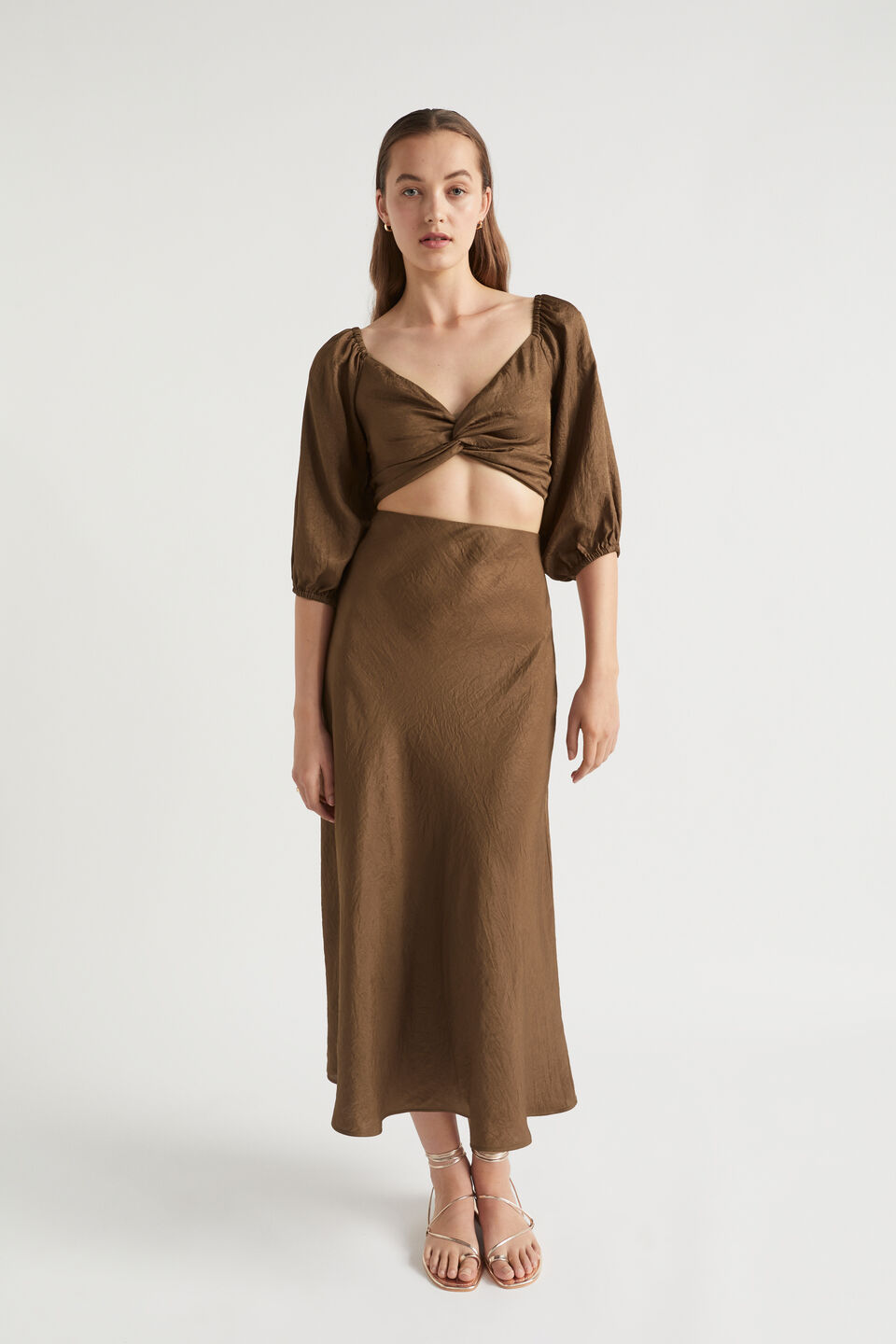 Satin Twist Front Crop Top  Pecan Brown