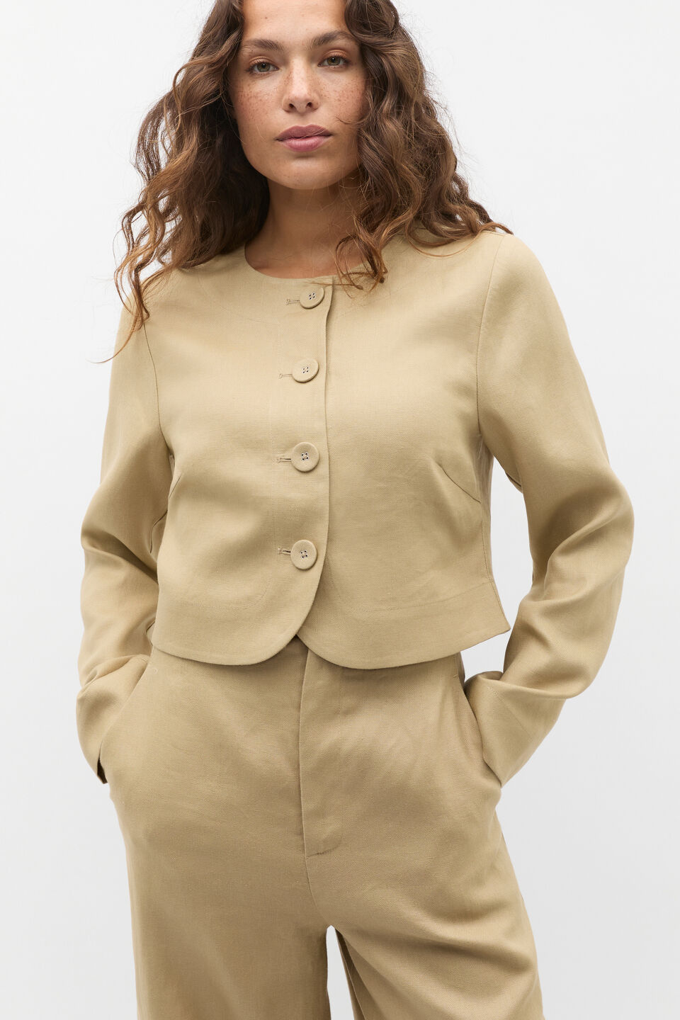 Long Sleeve Linen Vest  Cashew
