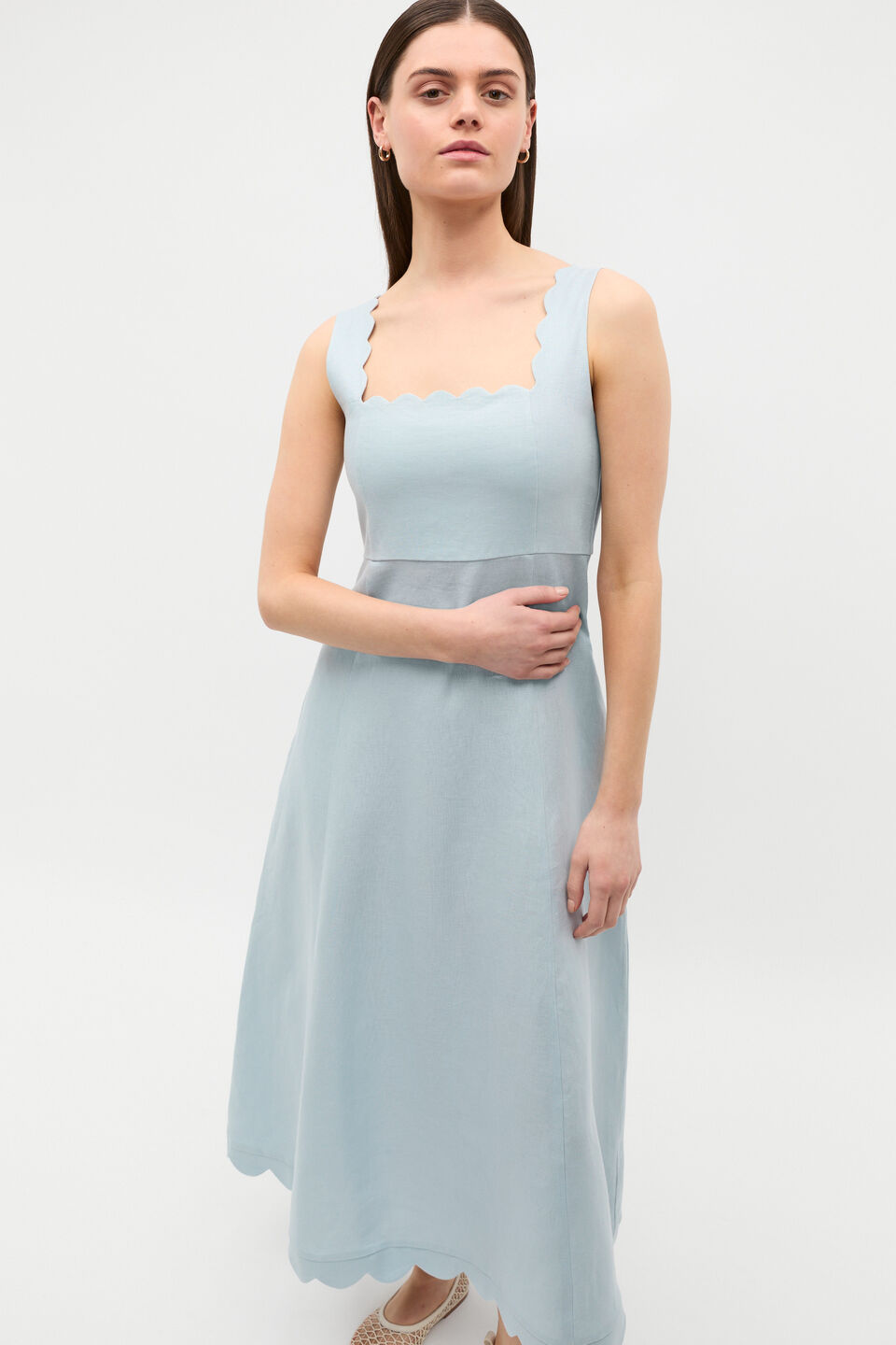 Linen Scallop Midi Dress  Bluebell