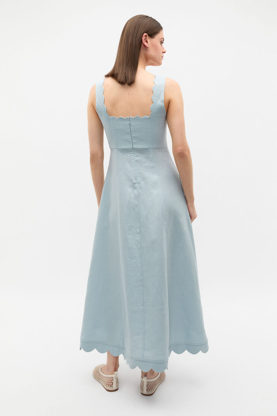 Linen Scallop Midi Dress  Bluebell