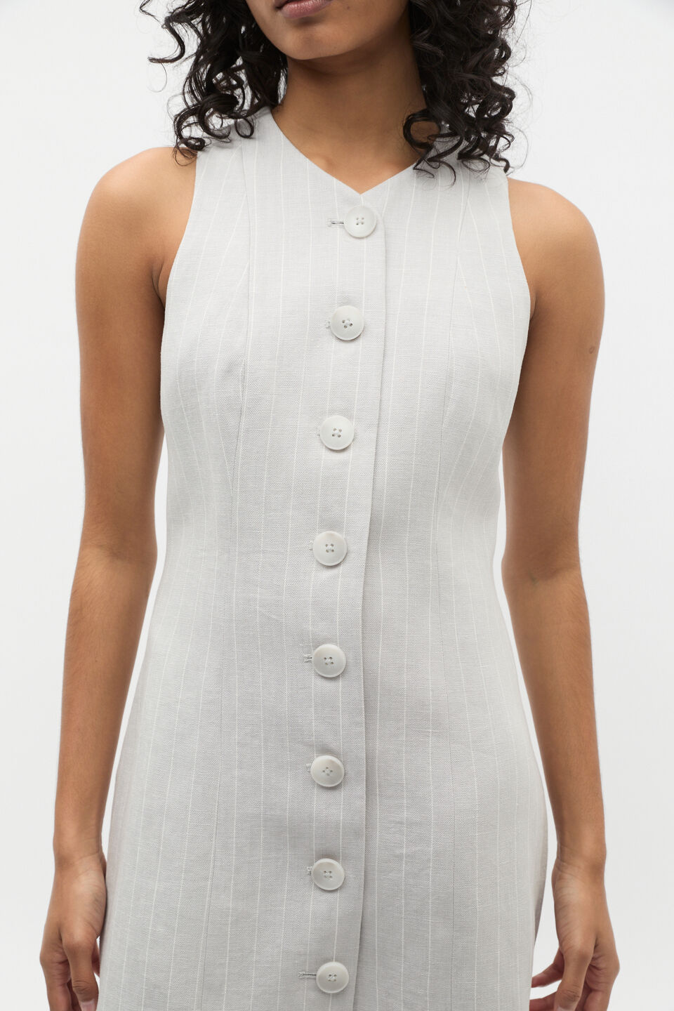 Linen Pinstripe Button Dress  Cloud Grey Pinstripe