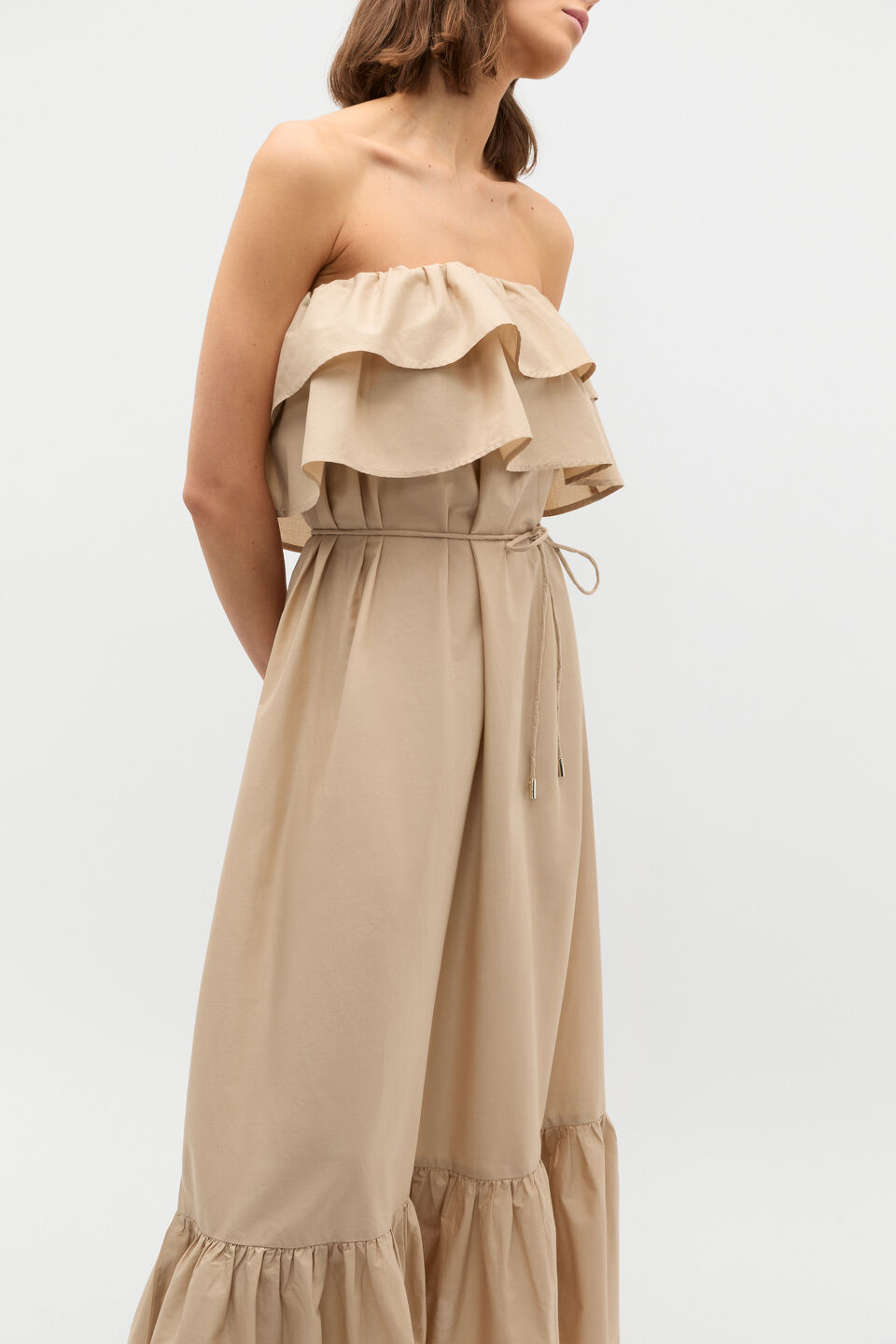 Voile Strapless Ruffle Maxi Dress  Iced Latte