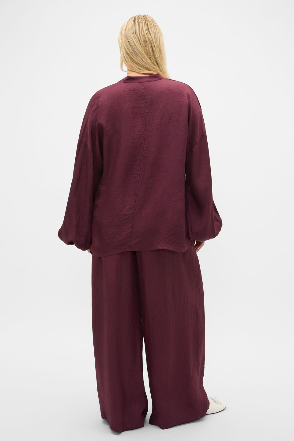 Textured Satin Half Placket Blouse  Plum Red