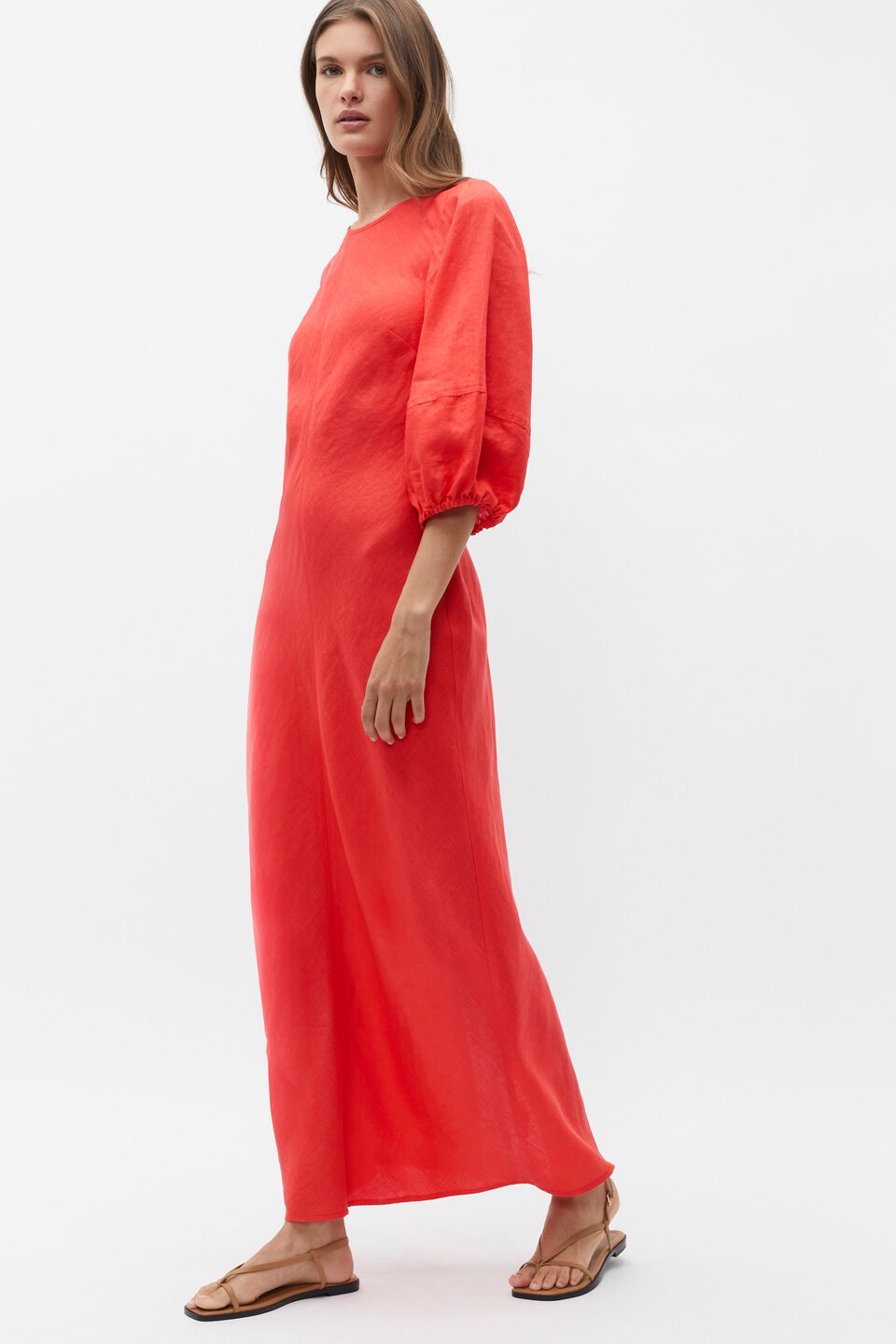 Linen Balloon Sleeve Slip Maxi Dress  Strawberry Red