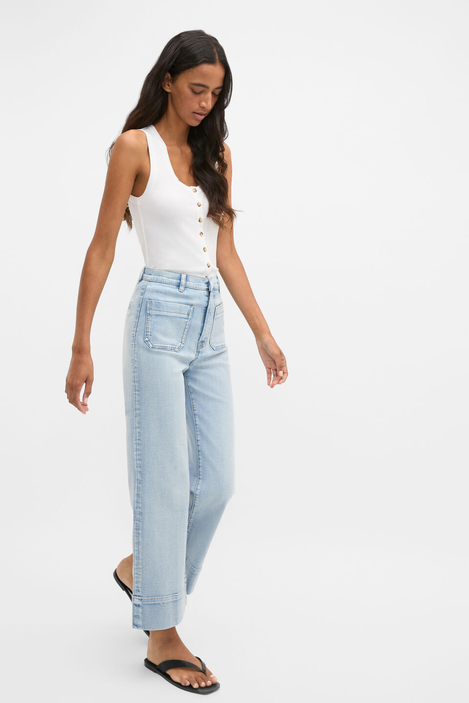 Rib Button Through Tank  Whisper White