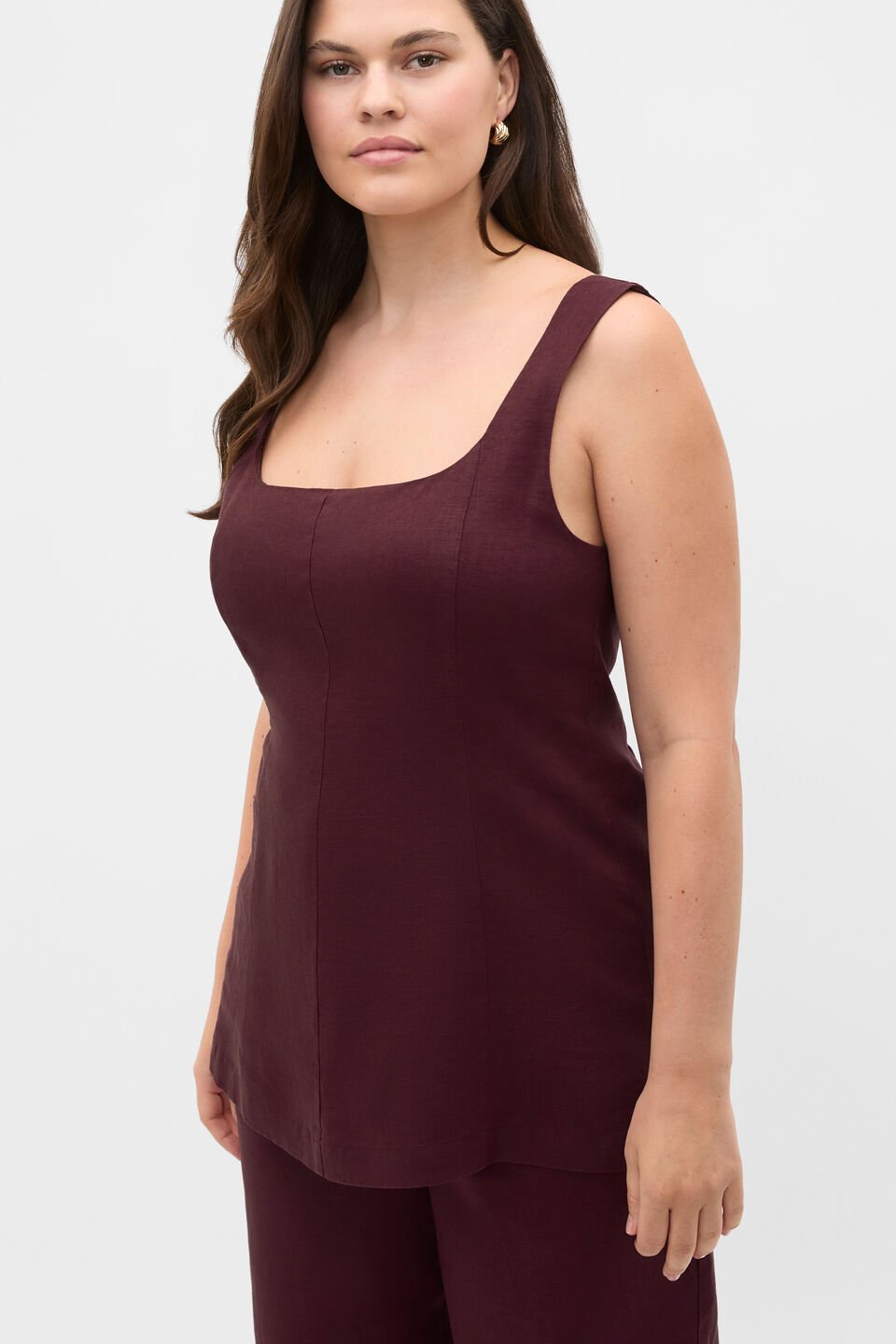 Linen Longline Waisted Top  Plum Red